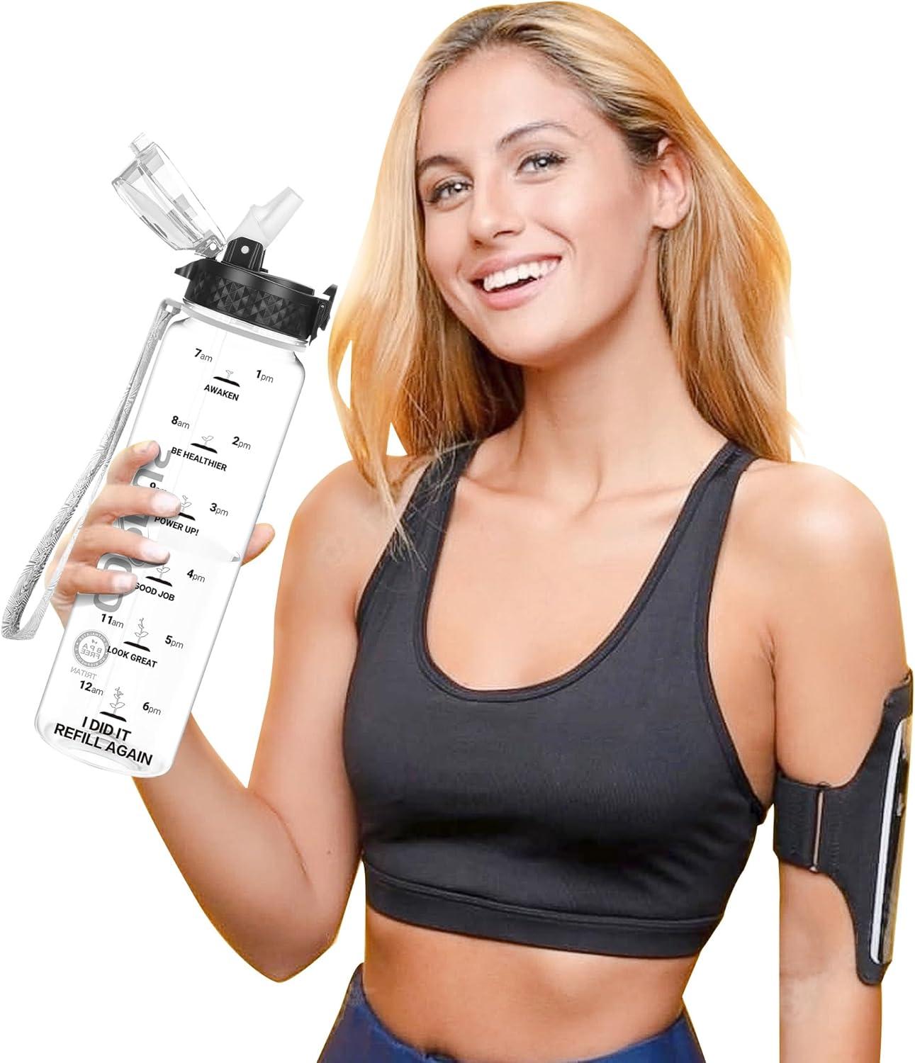 image:imageGOPPUS 1L32oz Bouteille deau avec paille Motivational tanche Boissons Bouteille avec marquages de lheure Tritan Bouteille de Sport pour lcole de Gym Grande bouteille deau pour Adulte Sans BPATransparent