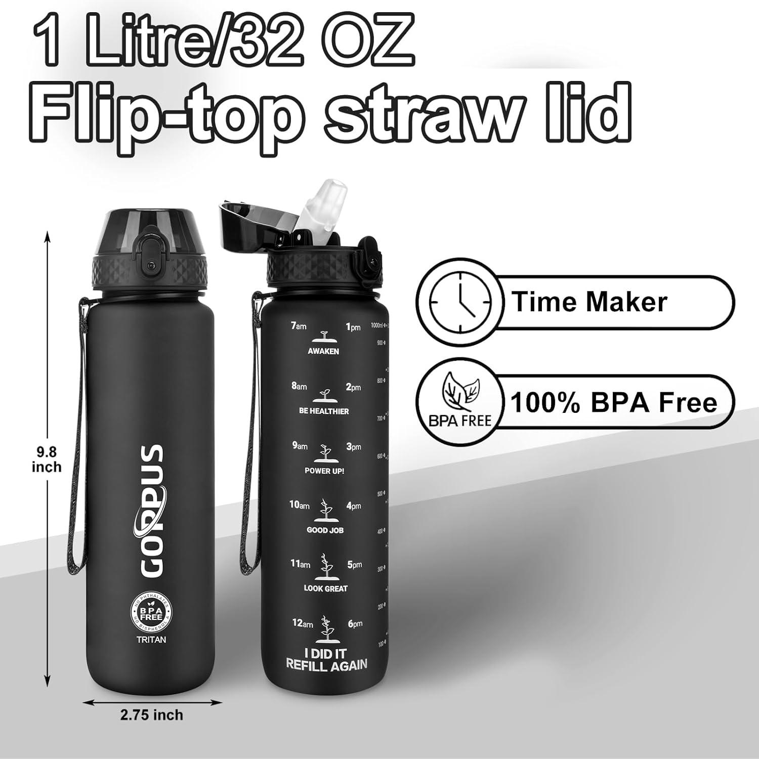 image:imageGOPPUS 1L32oz Bouteille deau avec paille Motivational tanche Boissons Bouteille avec marquages de lheure Tritan Bouteille de Sport pour lcole de Gym Grande bouteille deau pour Adulte Sans BPANoir