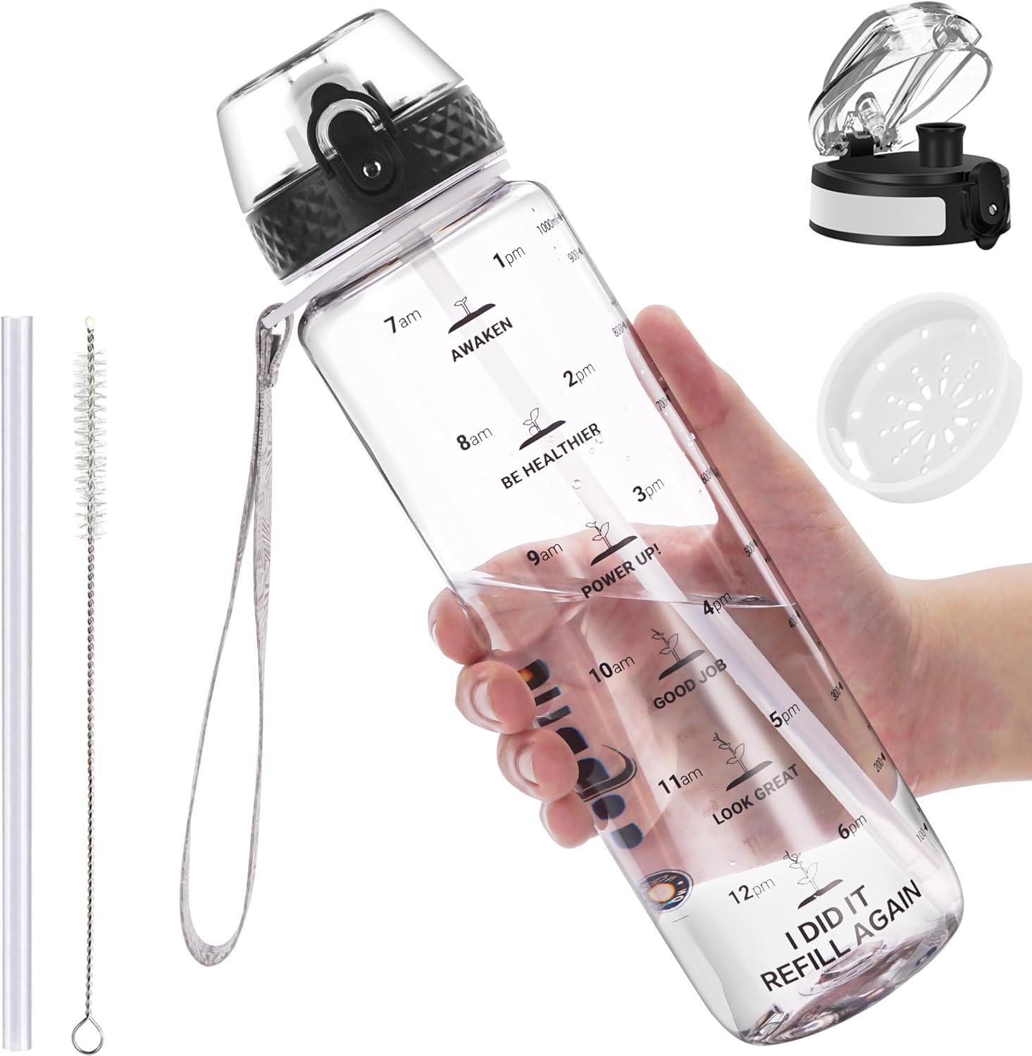 image:imageGOPPUS 1L32oz Bouteille deau avec paille Motivational tanche Boissons Bouteille avec marquages de lheure Tritan Bouteille de Sport pour lcole de Gym Grande bouteille deau pour Adulte Sans BPATransparent