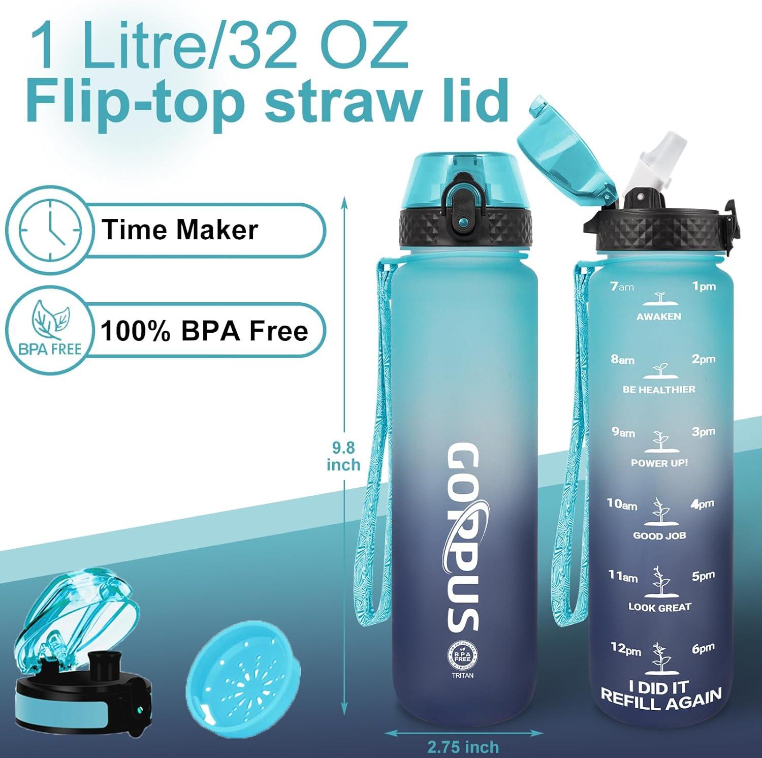 image:imageGOPPUS 1L32oz Bouteille deau avec paille Motivational tanche Boissons Bouteille avec marquages de lheure Tritan Bouteille de Sport pour lcole de Gym Grande bouteille deau pour Adulte Sans BPABleu Gris