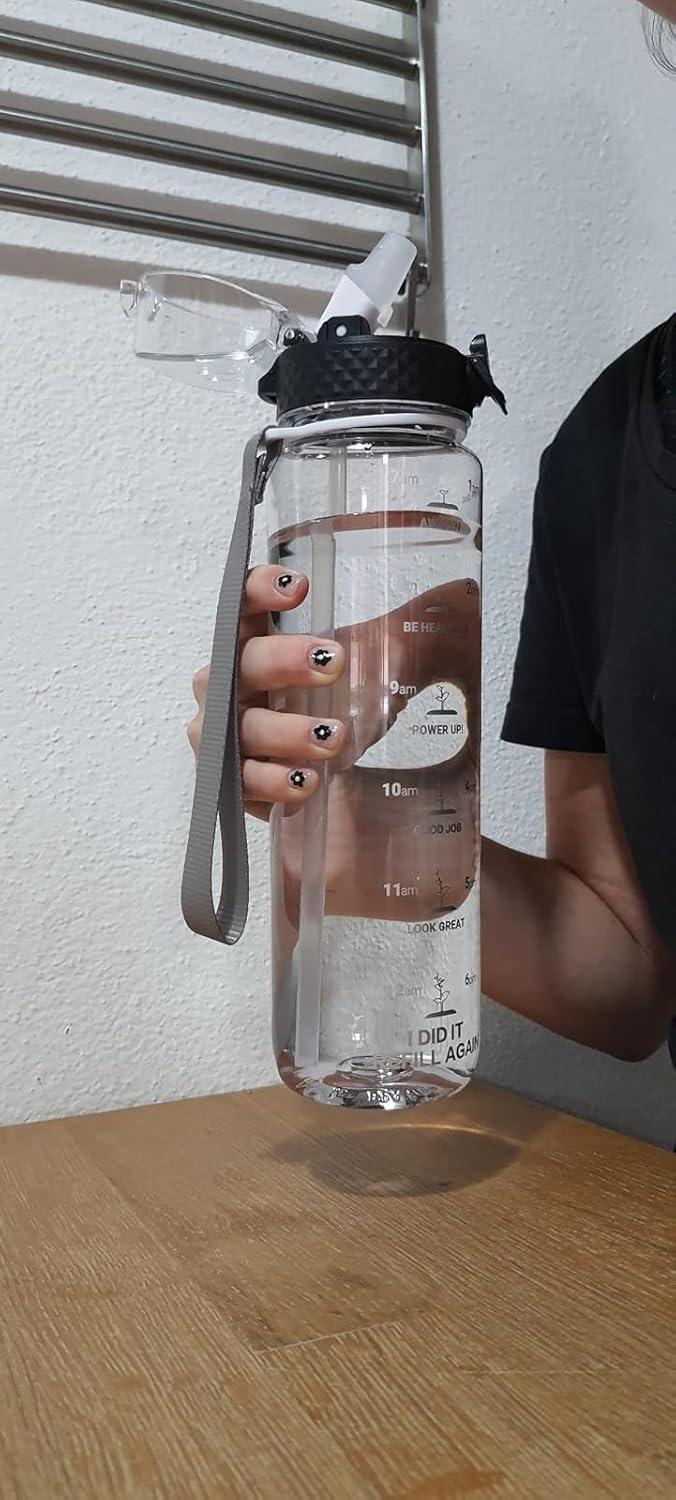 image:imageGOPPUS 1L32oz Bouteille deau avec paille Motivational tanche Boissons Bouteille avec marquages de lheure Tritan Bouteille de Sport pour lcole de Gym Grande bouteille deau pour Adulte Sans BPATransparent