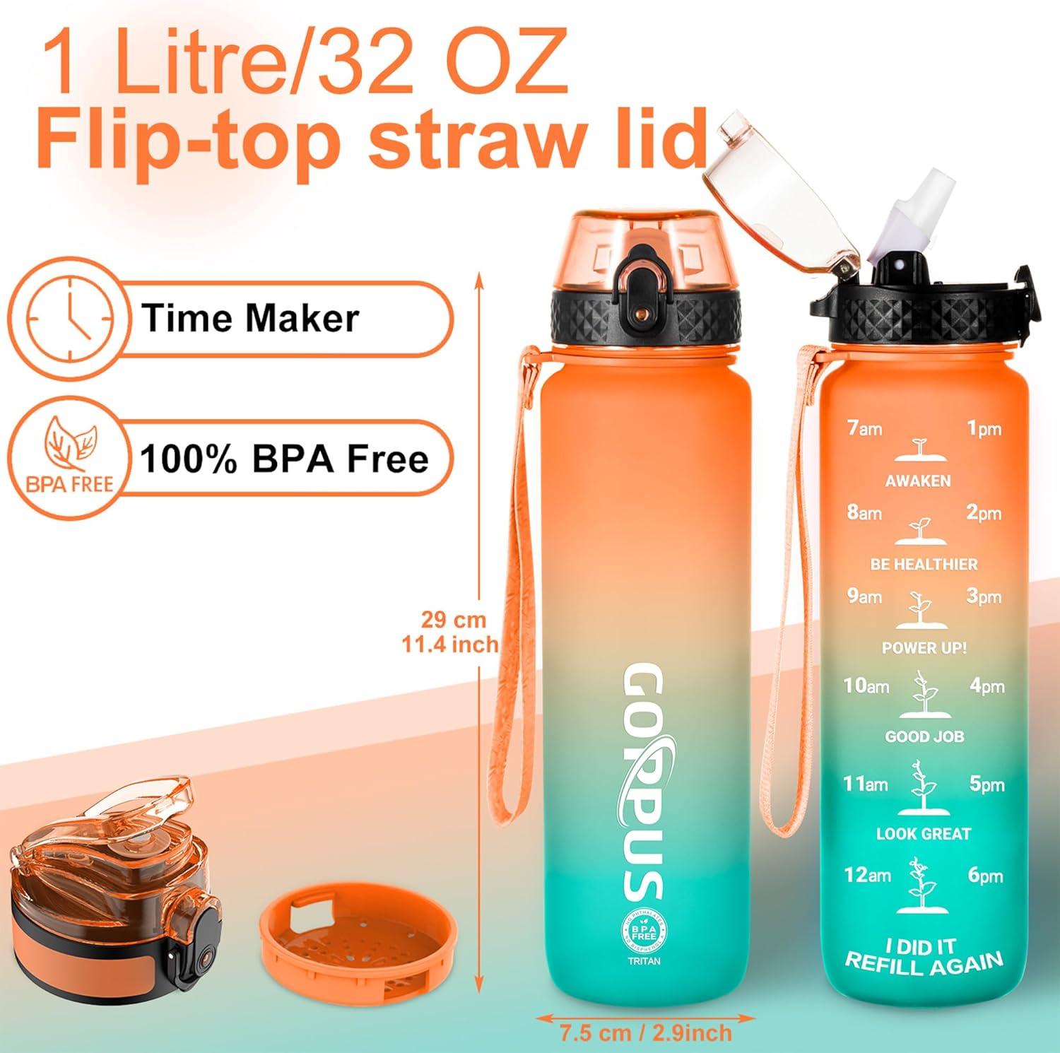 image:imageGOPPUS 1L32oz Bouteille deau avec paille Motivational tanche Boissons Bouteille avec marquages de lheure Tritan Bouteille de Sport pour lcole de Gym Grande bouteille deau pour Adulte Sans BPAVert Orang