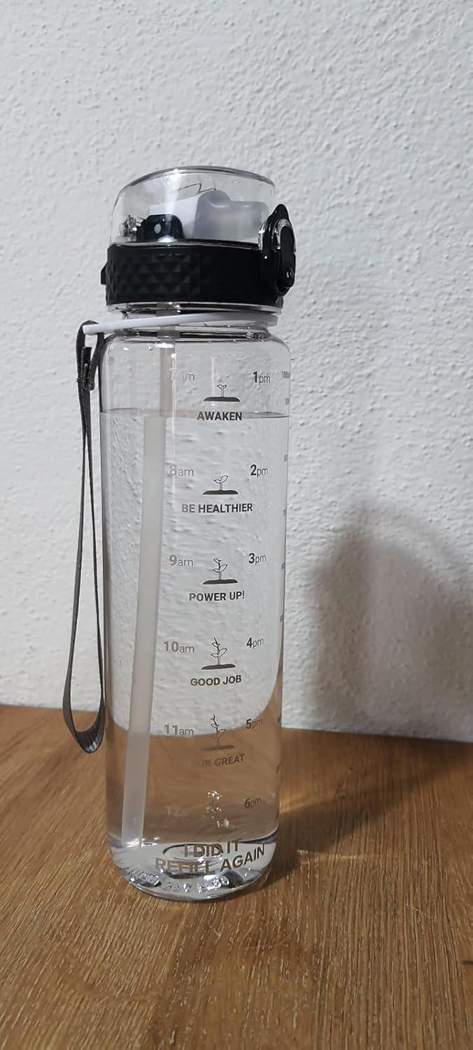 image:imageGOPPUS 1L32oz Bouteille deau avec paille Motivational tanche Boissons Bouteille avec marquages de lheure Tritan Bouteille de Sport pour lcole de Gym Grande bouteille deau pour Adulte Sans BPATransparent