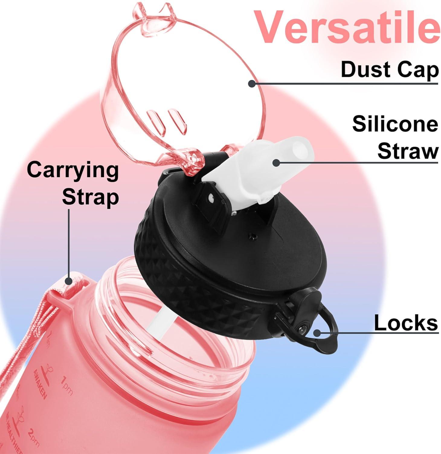 image:imageGOPPUS 1L32oz Bouteille deau avec paille Motivational tanche Boissons Bouteille avec marquages de lheure Tritan Bouteille de Sport pour lcole de Gym Grande bouteille deau pour Adulte Sans BPARose Bleu