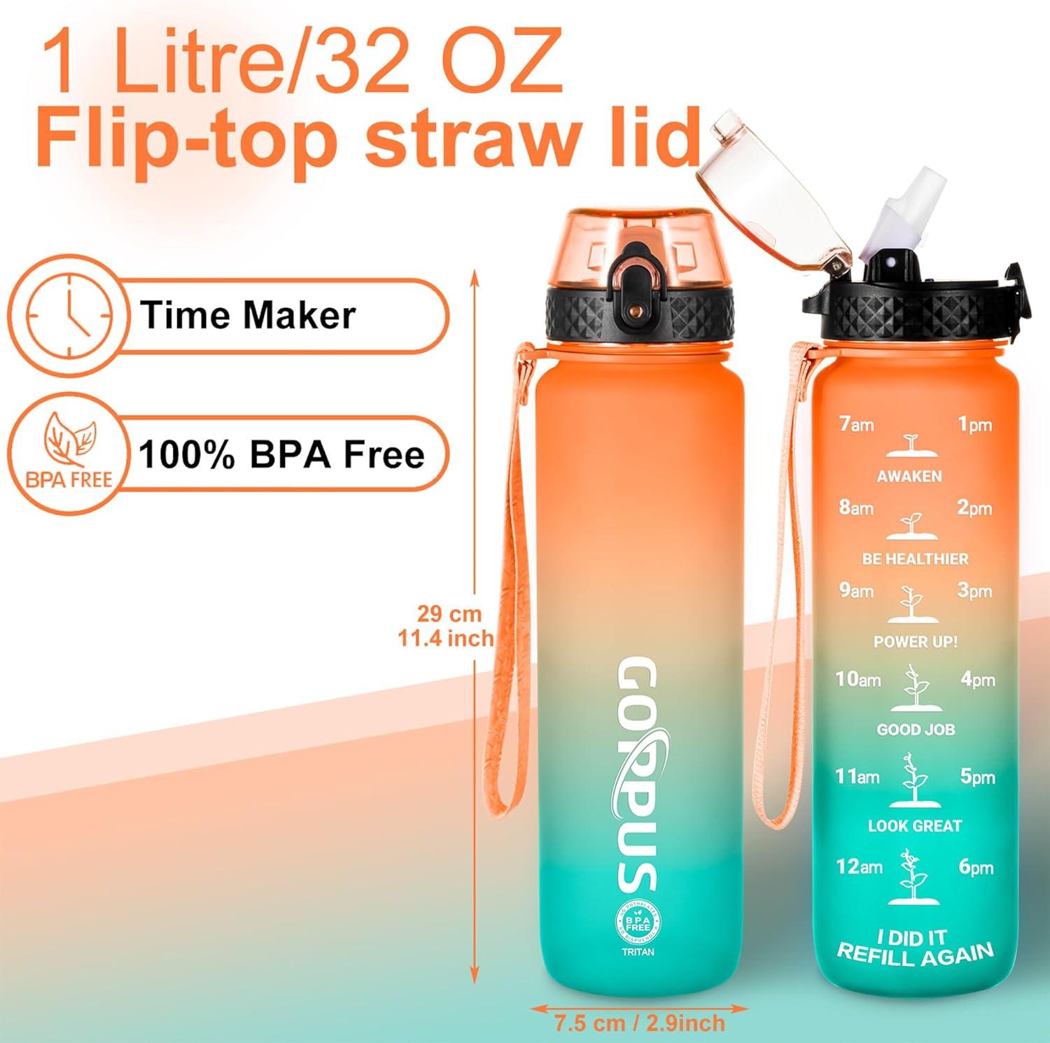 image:imageGOPPUS 1L32oz Bouteille deau avec paille Motivational tanche Boissons Bouteille avec marquages de lheure Tritan Bouteille de Sport pour lcole de Gym Grande bouteille deau pour Adulte Sans BPAVert Orang