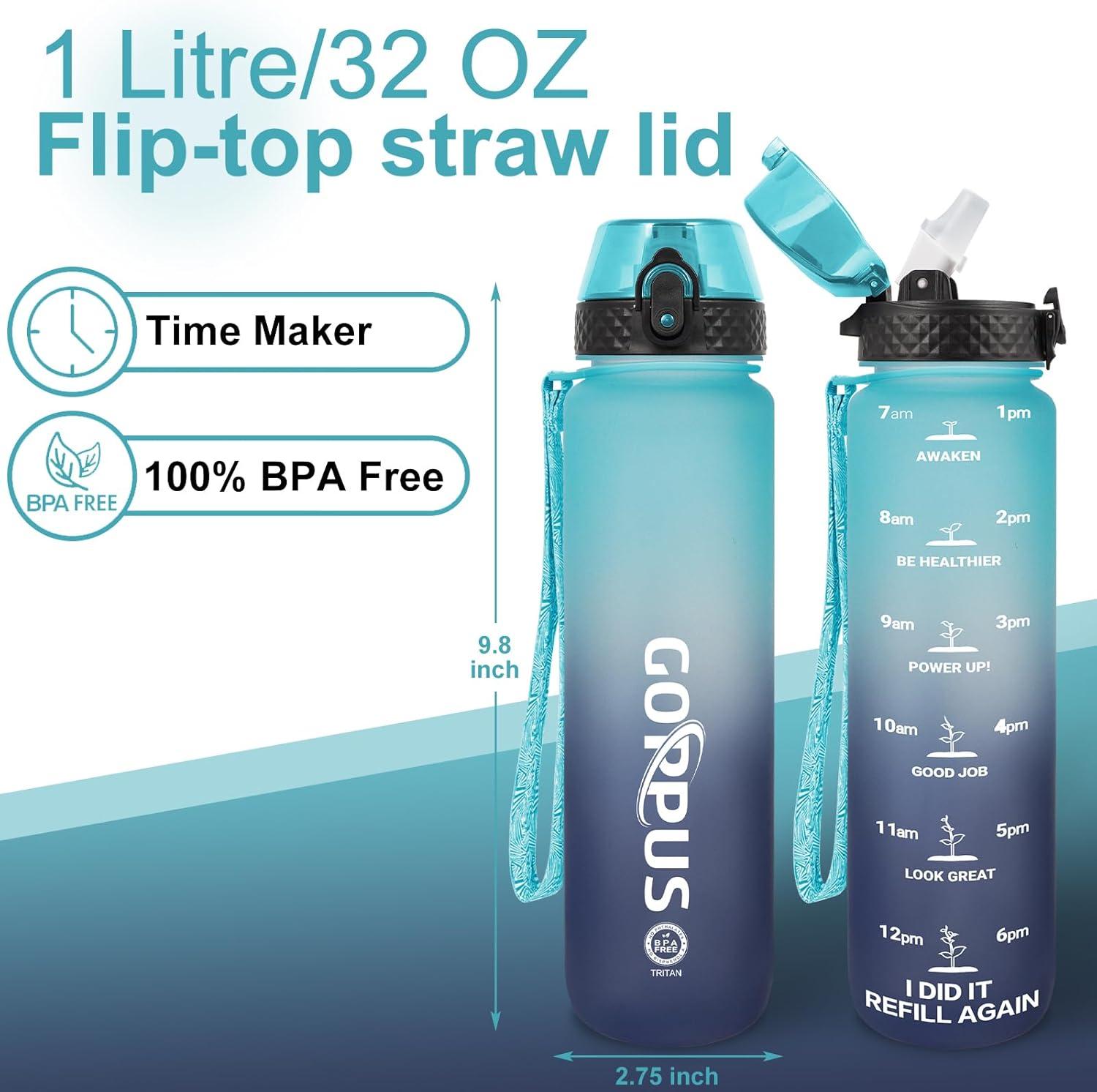 image:imageGOPPUS 1L32oz Bouteille deau avec paille Motivational tanche Boissons Bouteille avec marquages de lheure Tritan Bouteille de Sport pour lcole de Gym Grande bouteille deau pour Adulte Sans BPAVert Bleu