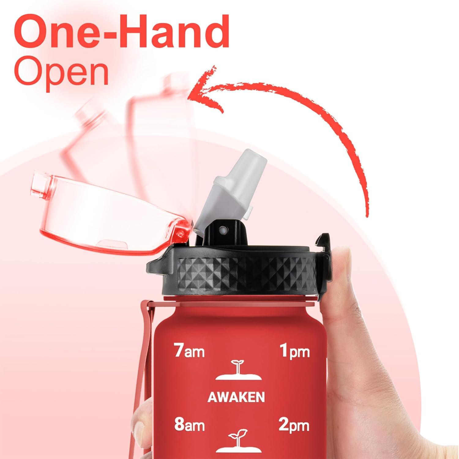 image:imageGOPPUS 1L32oz Bouteille deau avec paille Motivational tanche Boissons Bouteille avec marquages de lheure Tritan Bouteille de Sport pour lcole de Gym Grande bouteille deau pour Adulte Sans BPARouge