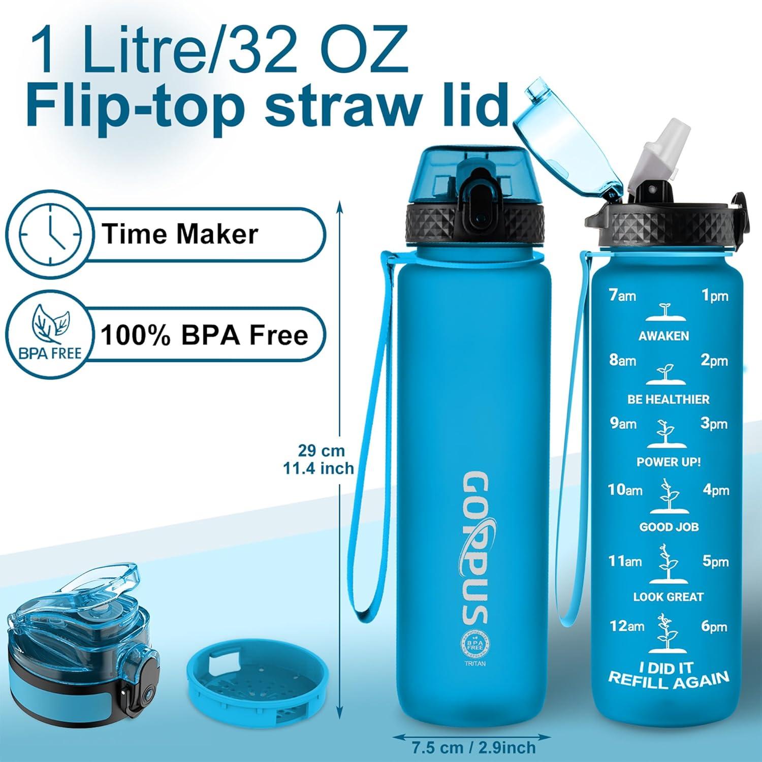 image:imageGOPPUS 1L32oz Bouteille deau avec paille Motivational tanche Boissons Bouteille avec marquages de lheure Tritan Bouteille de Sport pour lcole de Gym Grande bouteille deau pour Adulte Sans BPABleu