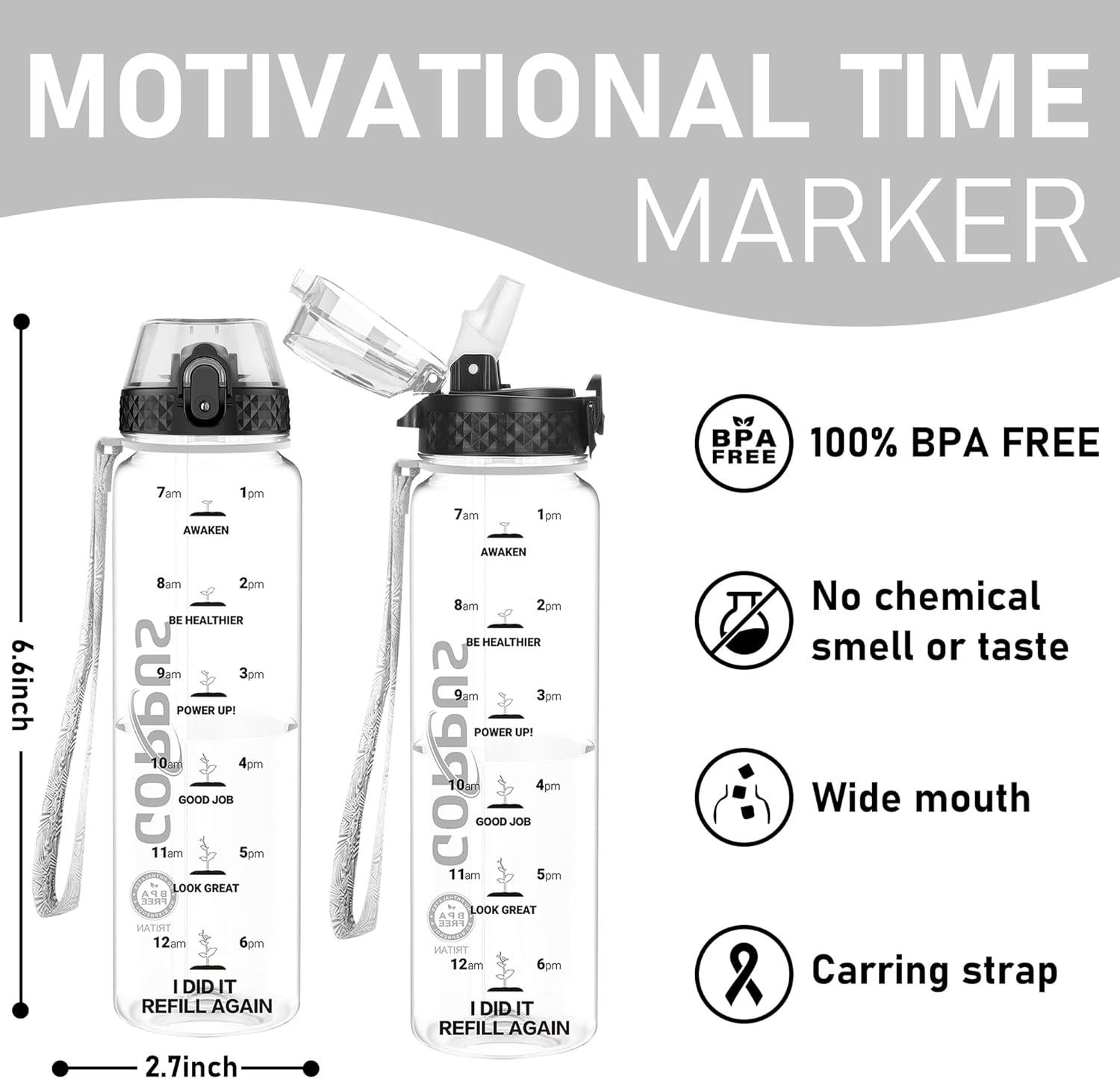 image:imageGOPPUS 1L32oz Bouteille deau avec paille Motivational tanche Boissons Bouteille avec marquages de lheure Tritan Bouteille de Sport pour lcole de Gym Grande bouteille deau pour Adulte Sans BPATransparent