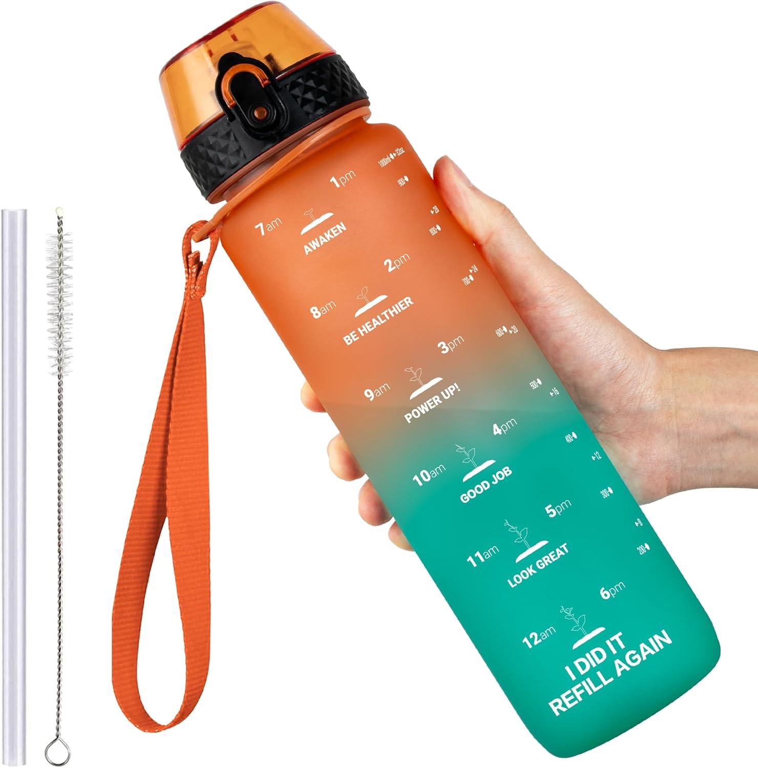 image:imageGOPPUS 1L32oz Bouteille deau avec paille Motivational tanche Boissons Bouteille avec marquages de lheure Tritan Bouteille de Sport pour lcole de Gym Grande bouteille deau pour Adulte Sans BPAVert Orang