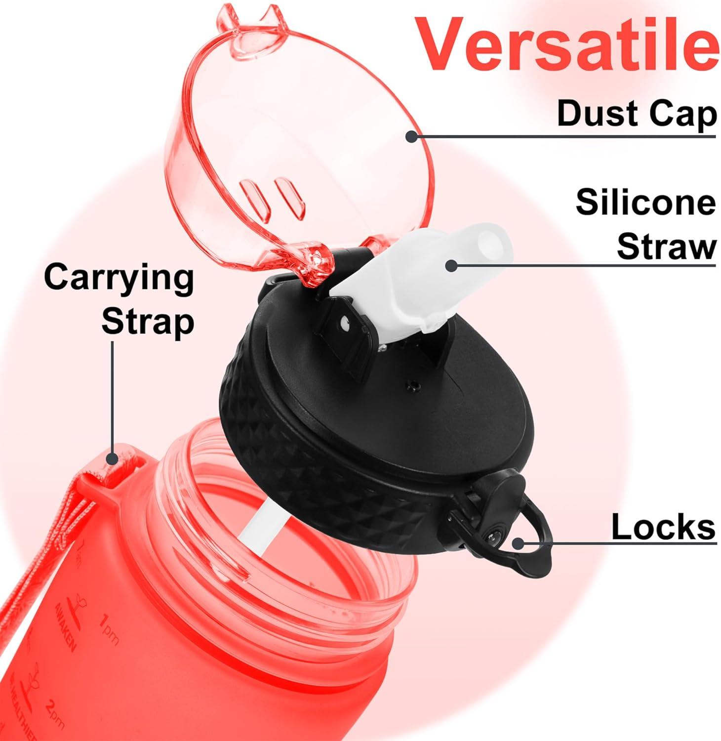 image:imageGOPPUS 1L32oz Bouteille deau avec paille Motivational tanche Boissons Bouteille avec marquages de lheure Tritan Bouteille de Sport pour lcole de Gym Grande bouteille deau pour Adulte Sans BPARouge