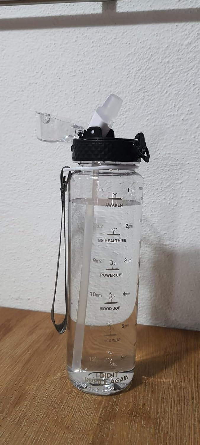 image:imageGOPPUS 1L32oz Bouteille deau avec paille Motivational tanche Boissons Bouteille avec marquages de lheure Tritan Bouteille de Sport pour lcole de Gym Grande bouteille deau pour Adulte Sans BPATransparent