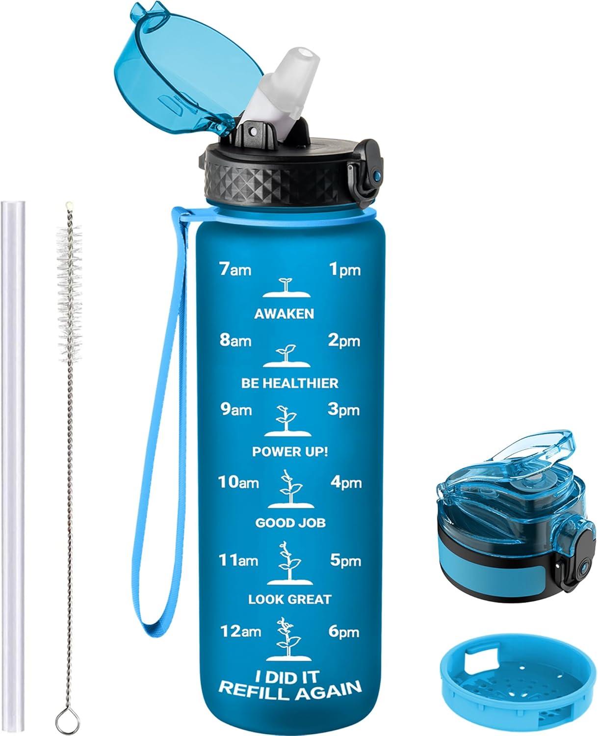 image:imageGOPPUS 1L32oz Bouteille deau avec paille Motivational tanche Boissons Bouteille avec marquages de lheure Tritan Bouteille de Sport pour lcole de Gym Grande bouteille deau pour Adulte Sans BPABleu
