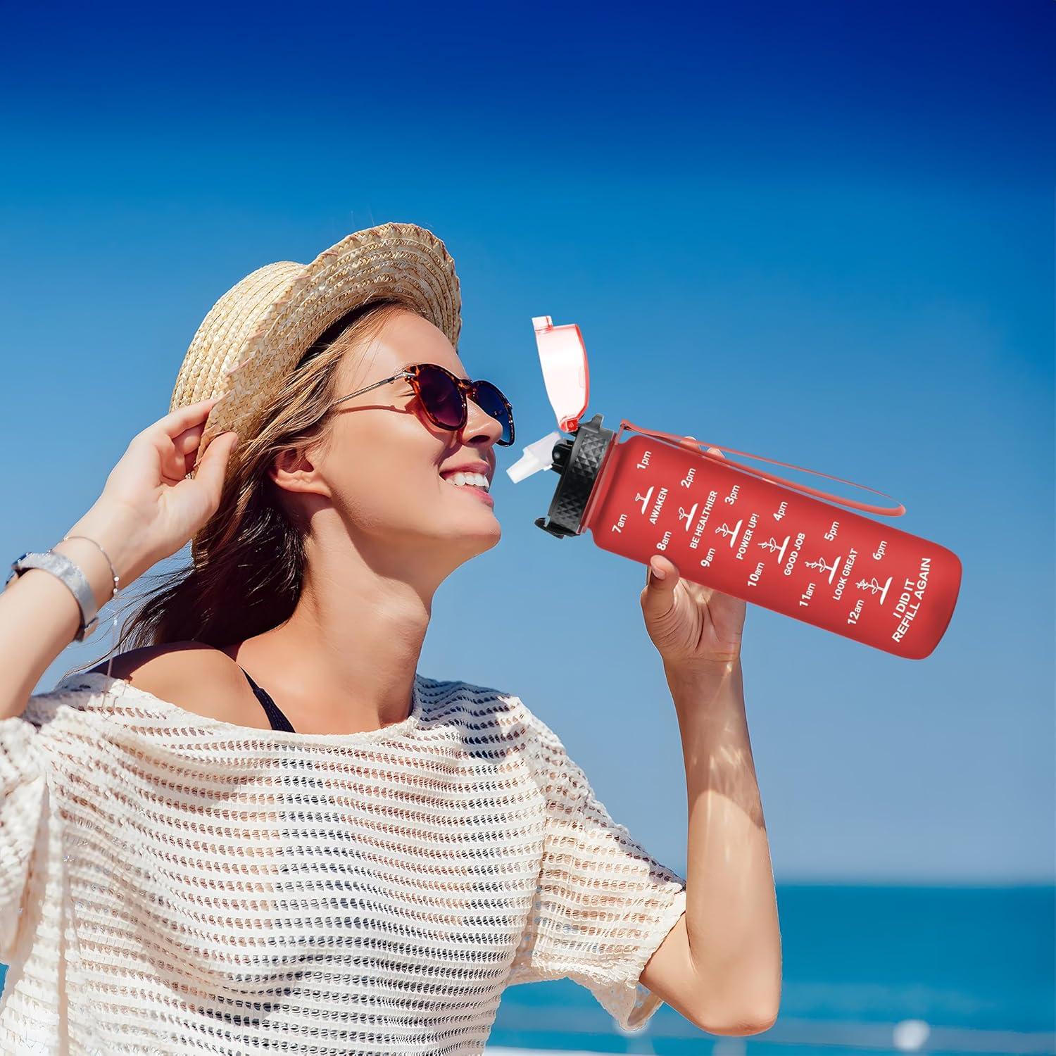 image:imageGOPPUS 1L32oz Bouteille deau avec paille Motivational tanche Boissons Bouteille avec marquages de lheure Tritan Bouteille de Sport pour lcole de Gym Grande bouteille deau pour Adulte Sans BPARouge