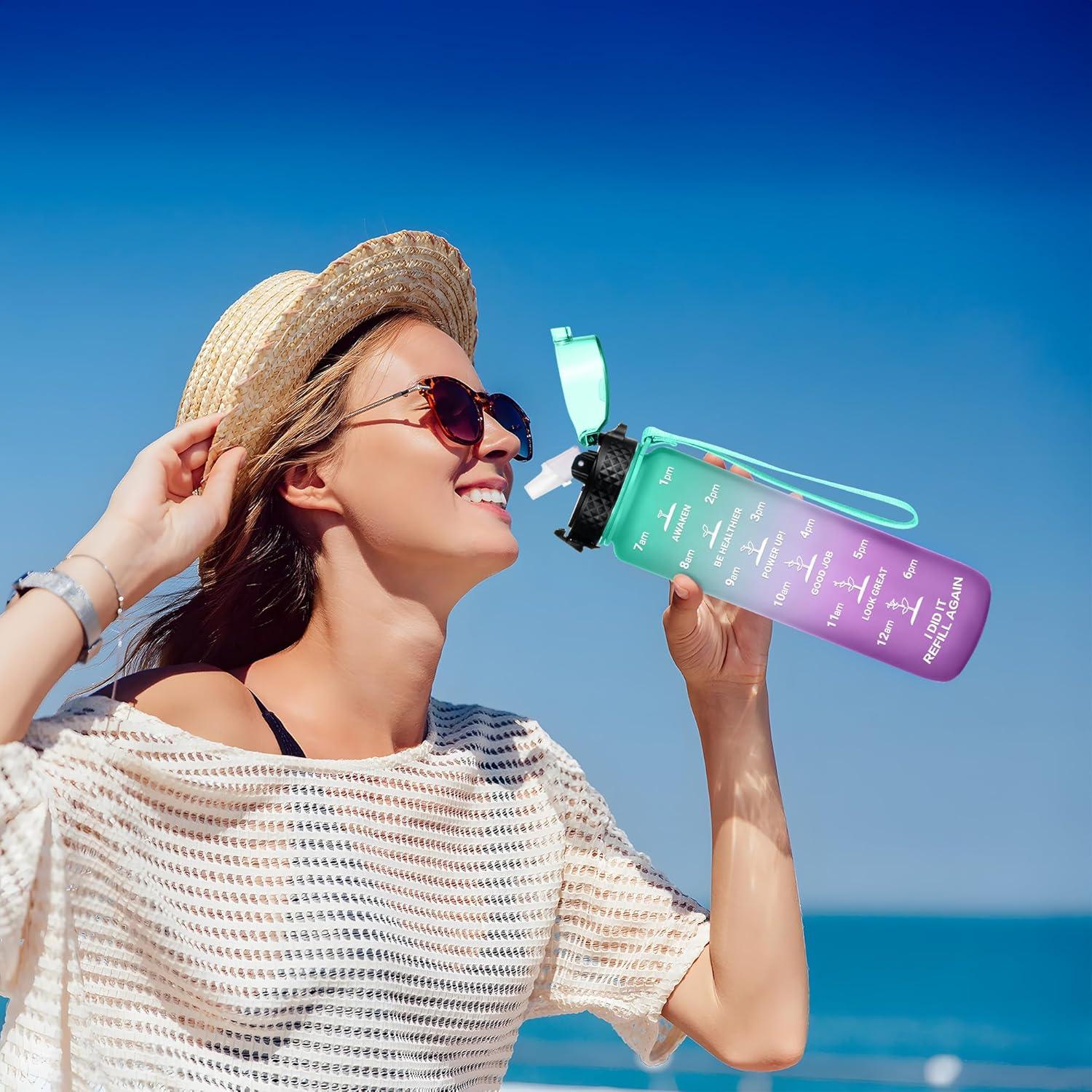 image:imageGOPPUS 1L32oz Bouteille deau avec paille Motivational tanche Boissons Bouteille avec marquages de lheure Tritan Bouteille de Sport pour lcole de Gym Grande bouteille deau pour Adulte Sans BPAVert Violet