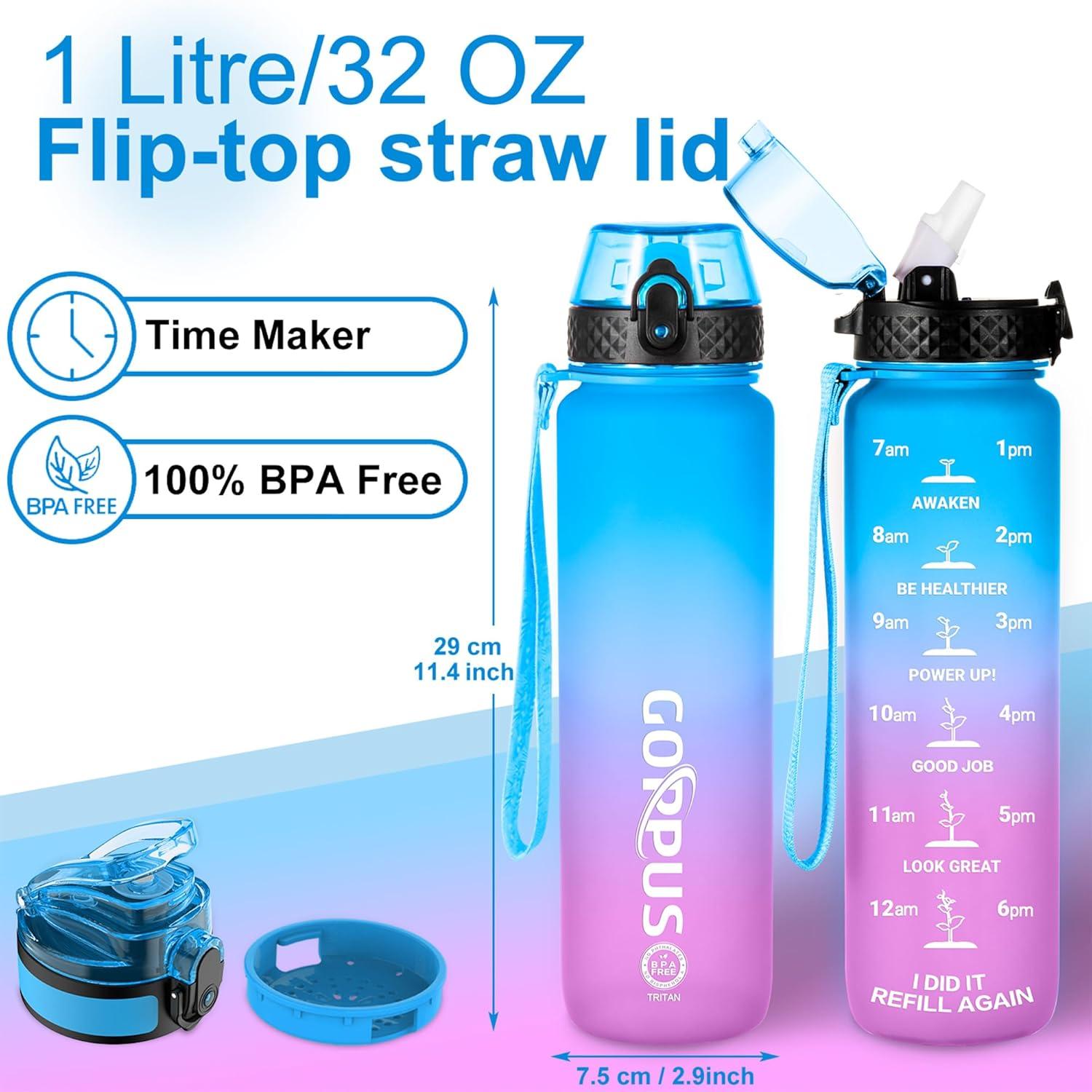 image:imageGOPPUS 1L32oz Bouteille deau avec paille Motivational tanche Boissons Bouteille avec marquages de lheure Tritan Bouteille de Sport pour lcole de Gym Grande bouteille deau pour Adulte Sans BPABleu Violet