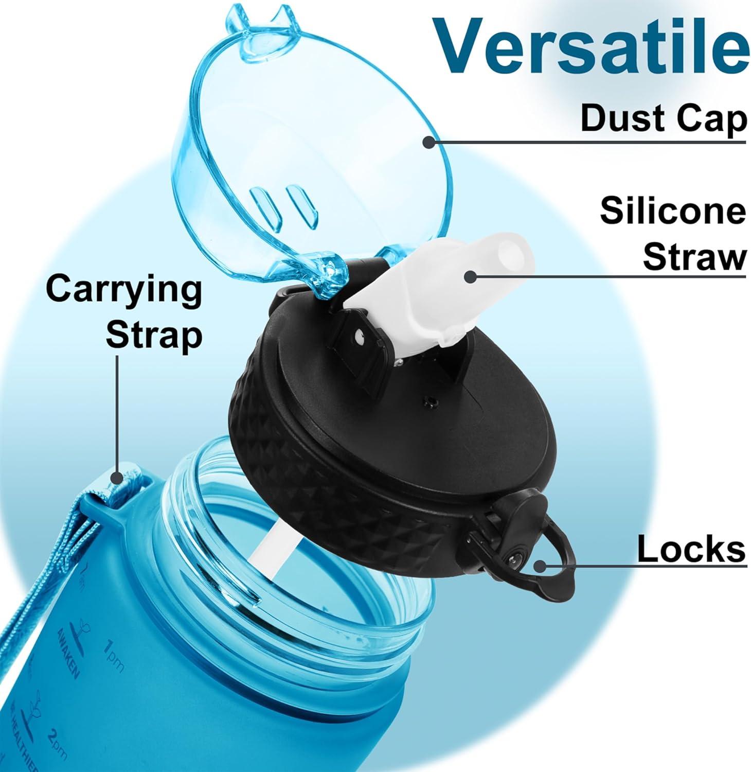 image:imageGOPPUS 1L32oz Bouteille deau avec paille Motivational tanche Boissons Bouteille avec marquages de lheure Tritan Bouteille de Sport pour lcole de Gym Grande bouteille deau pour Adulte Sans BPABleu