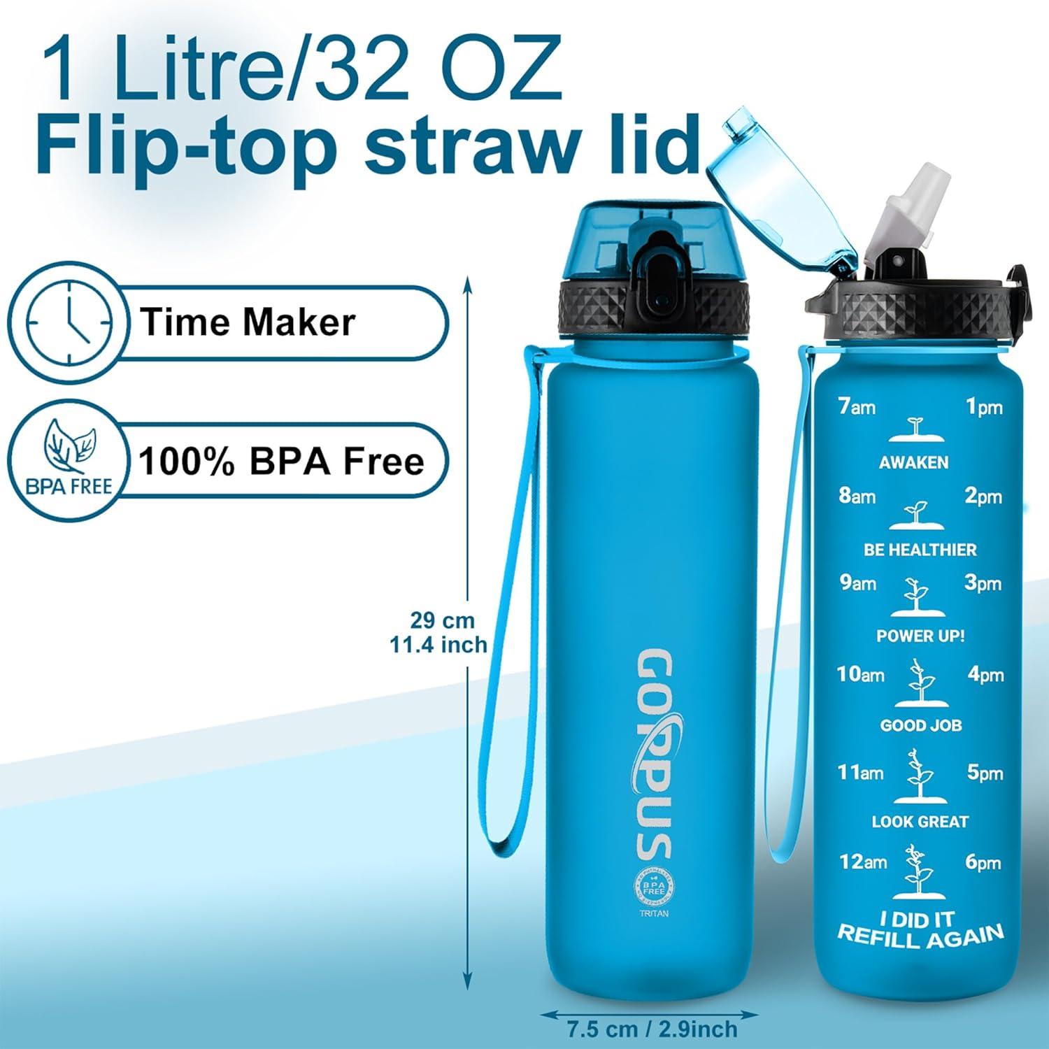 image:imageGOPPUS 1L32oz Bouteille deau avec paille Motivational tanche Boissons Bouteille avec marquages de lheure Tritan Bouteille de Sport pour lcole de Gym Grande bouteille deau pour Adulte Sans BPABleu