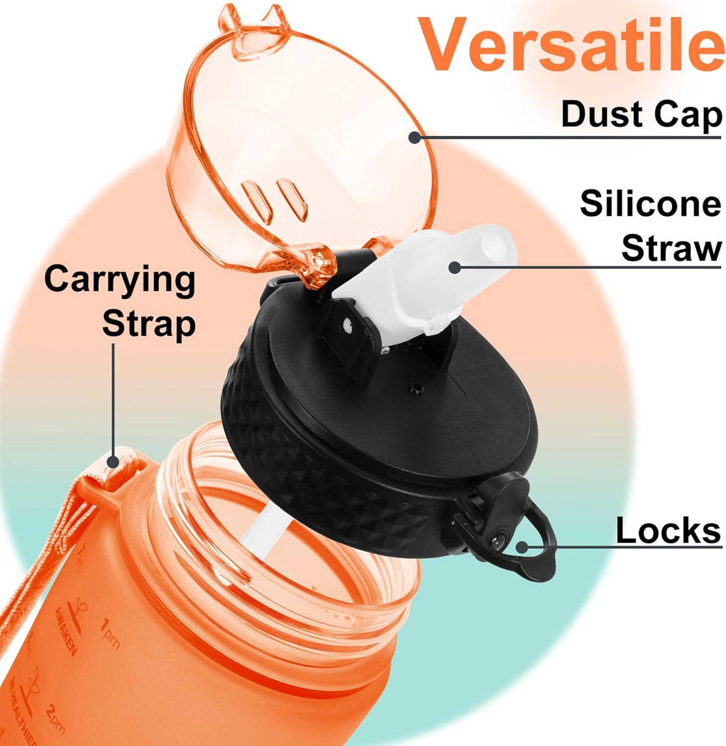 image:imageGOPPUS 1L32oz Bouteille deau avec paille Motivational tanche Boissons Bouteille avec marquages de lheure Tritan Bouteille de Sport pour lcole de Gym Grande bouteille deau pour Adulte Sans BPAVert Orang