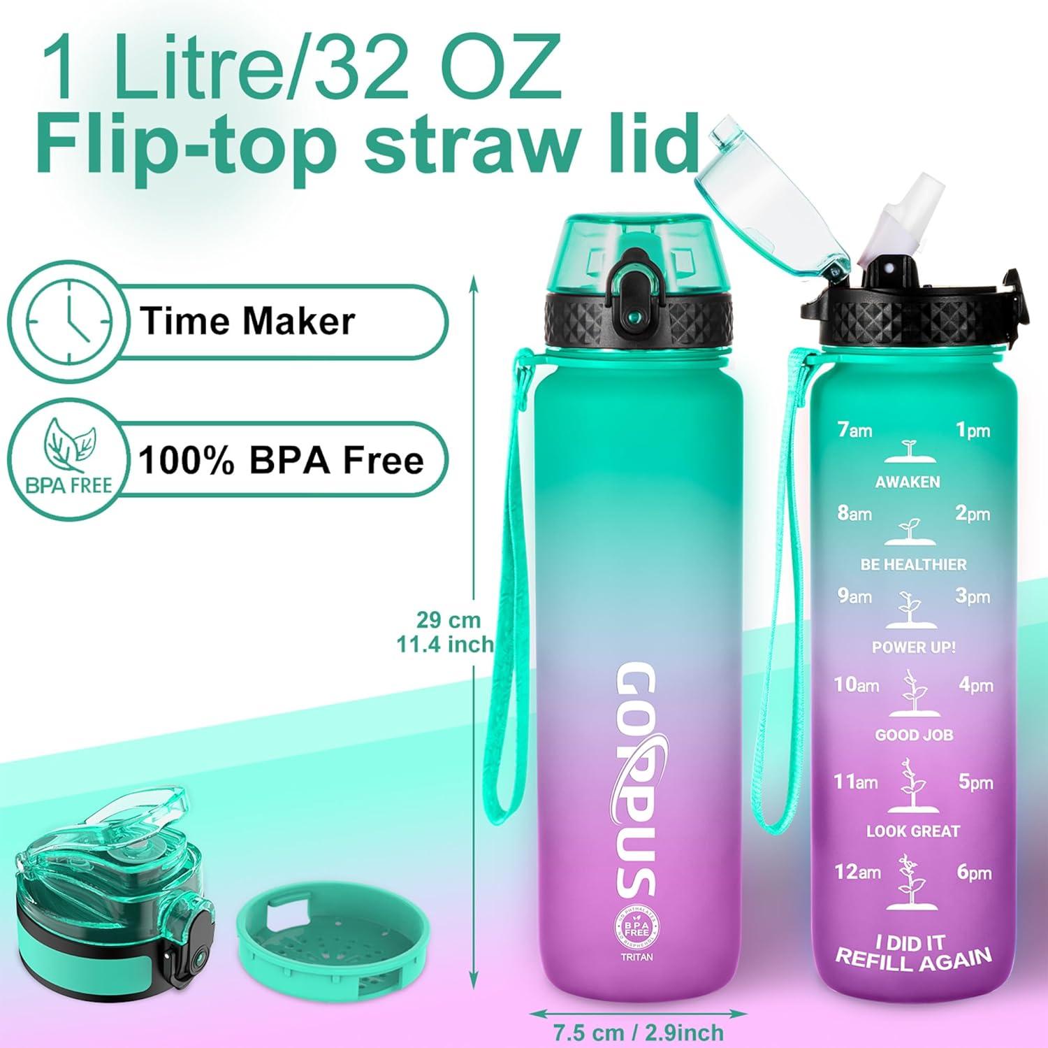 image:imageGOPPUS 1L32oz Bouteille deau avec paille Motivational tanche Boissons Bouteille avec marquages de lheure Tritan Bouteille de Sport pour lcole de Gym Grande bouteille deau pour Adulte Sans BPAVert Violet
