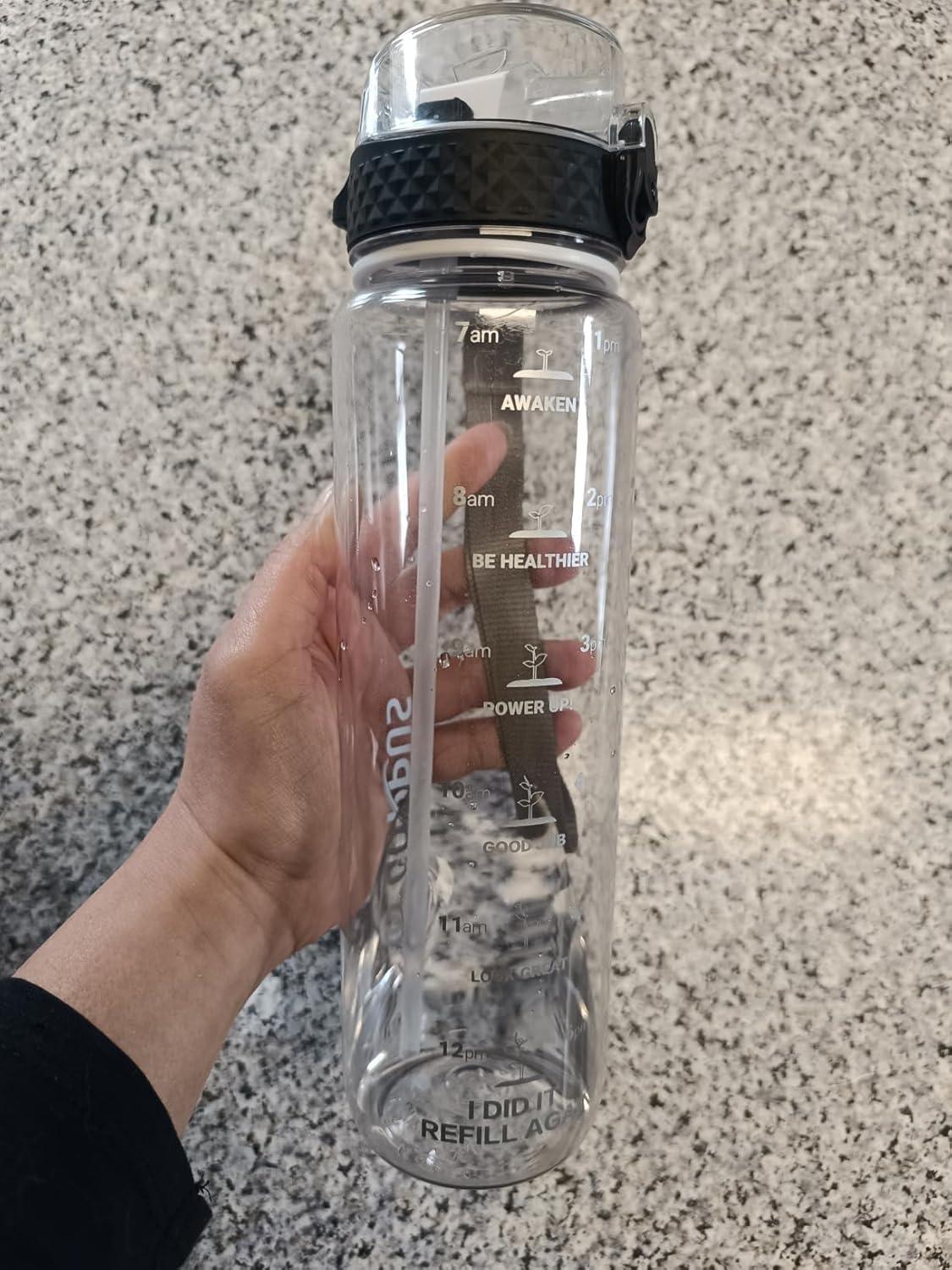 image:imageGOPPUS 1L32oz Bouteille deau avec paille Motivational tanche Boissons Bouteille avec marquages de lheure Tritan Bouteille de Sport pour lcole de Gym Grande bouteille deau pour Adulte Sans BPATransparent