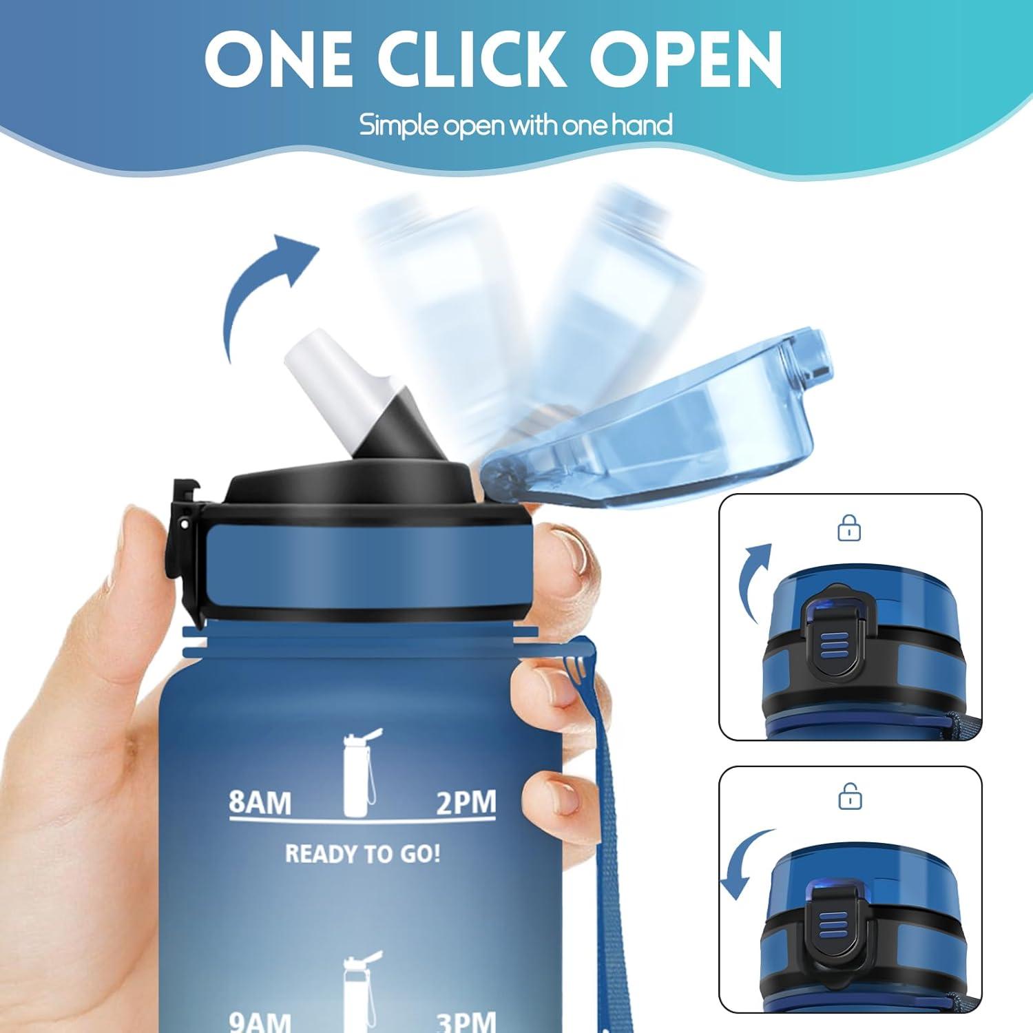 image:imageHoneyHolly Gourde 1L Gourde avec Paille Bouteille Adapte aux Boissons Gazeuses Water Bottle Paille Adulte avec Marquage du Temps tanche et sans BPA Bouteille deau pour Sport BureauBleu Vert 1500ml