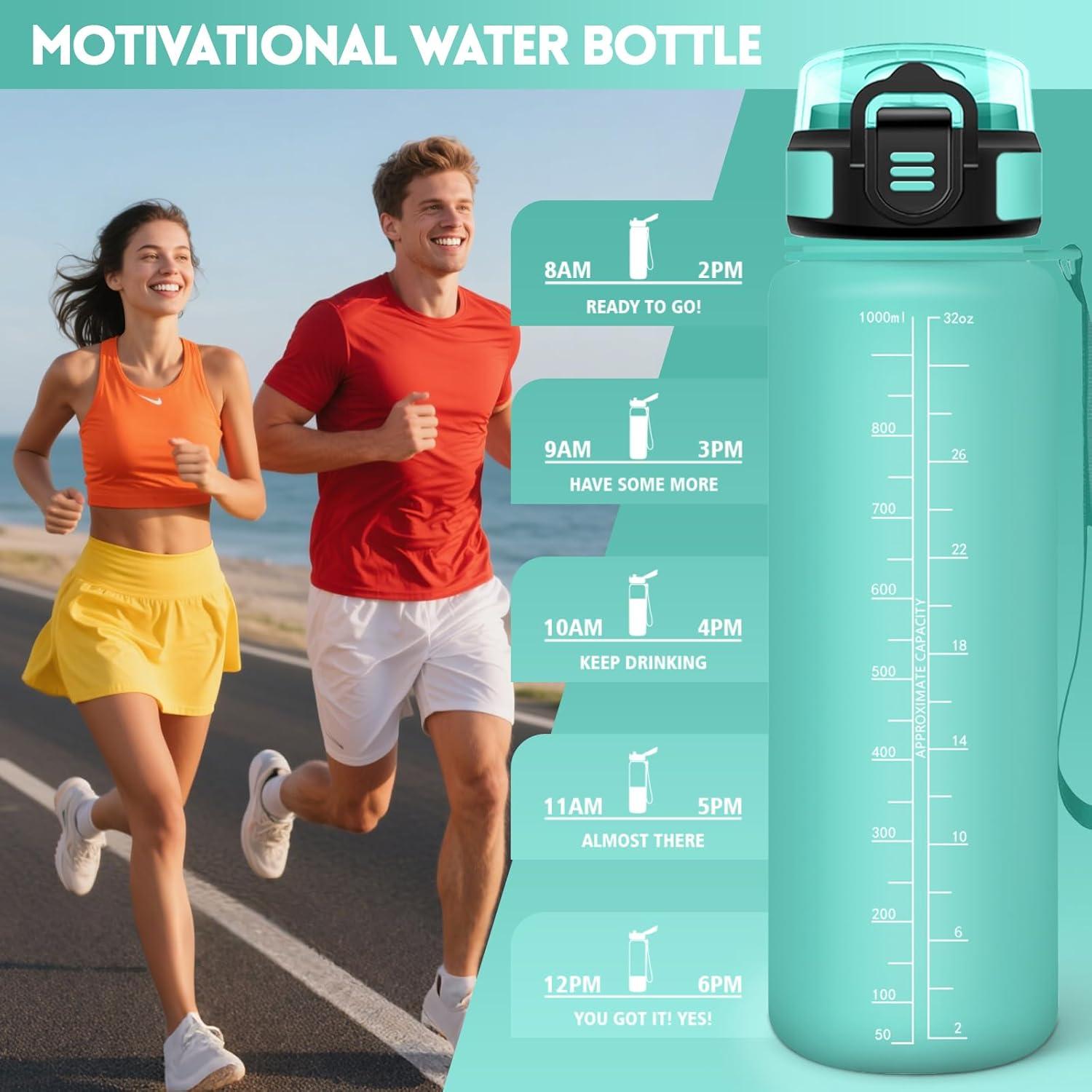 image:imageHoneyHolly Gourde 1L Gourde avec Paille Bouteille Adapte aux Boissons Gazeuses Water Bottle Paille Adulte avec Marquage du Temps tanche et sans BPA Bouteille deau pour Sport BureauBleu Vert 1000ml