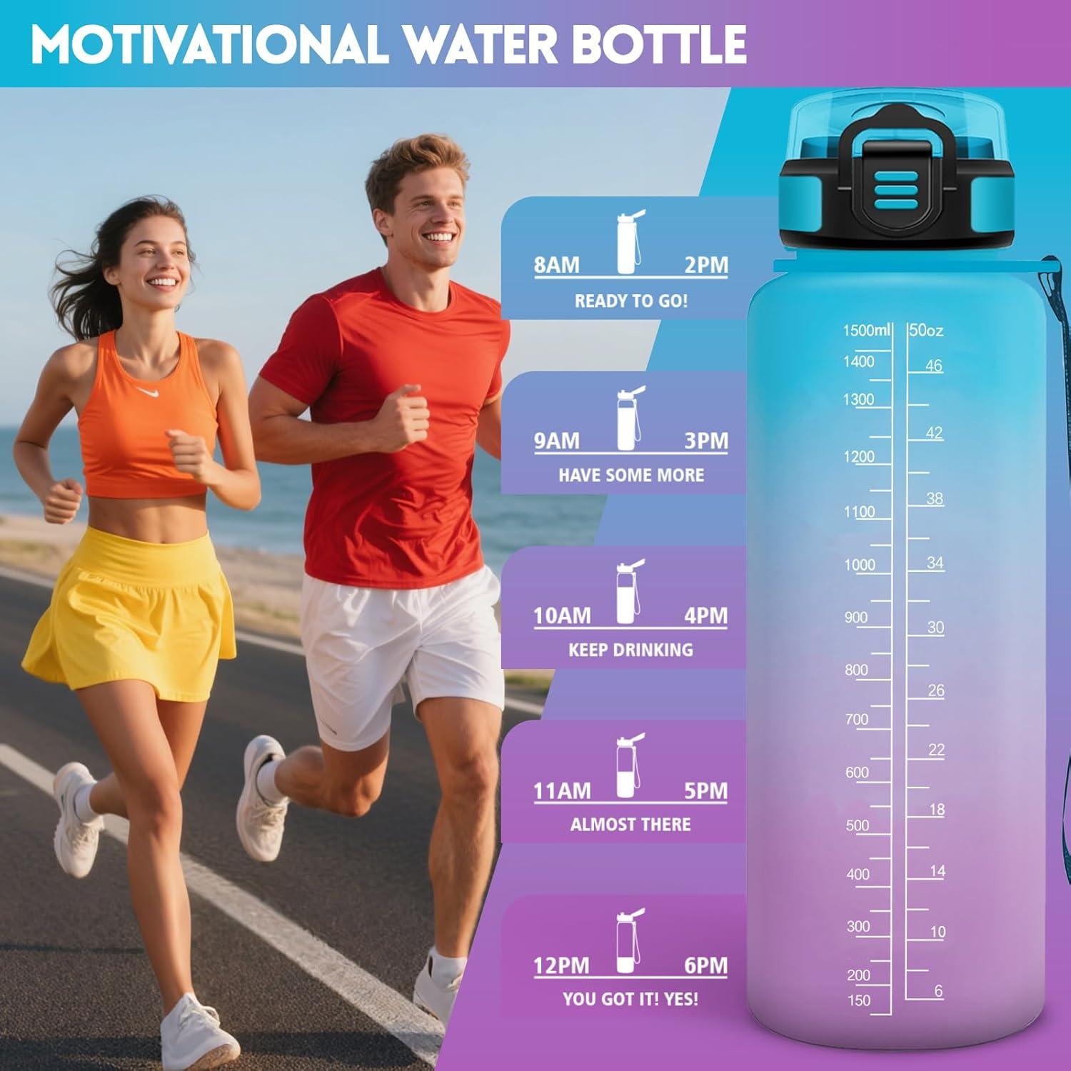 image:imageHoneyHolly Gourde 1L Gourde avec Paille Bouteille Adapte aux Boissons Gazeuses Water Bottle Paille Adulte avec Marquage du Temps tanche et sans BPA Bouteille deau pour Sport BureauBleu Violet 1500ml