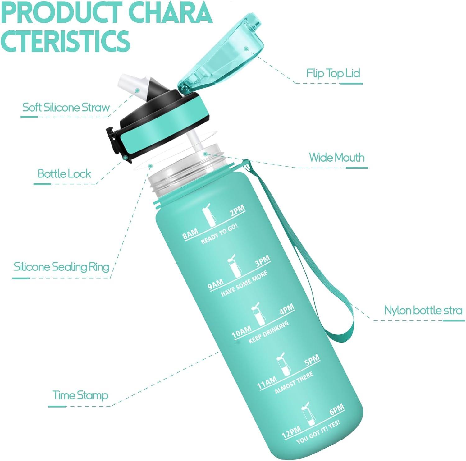 image:imageHoneyHolly Gourde 1L Gourde avec Paille Bouteille Adapte aux Boissons Gazeuses Water Bottle Paille Adulte avec Marquage du Temps tanche et sans BPA Bouteille deau pour Sport BureauBleu Vert 1000ml