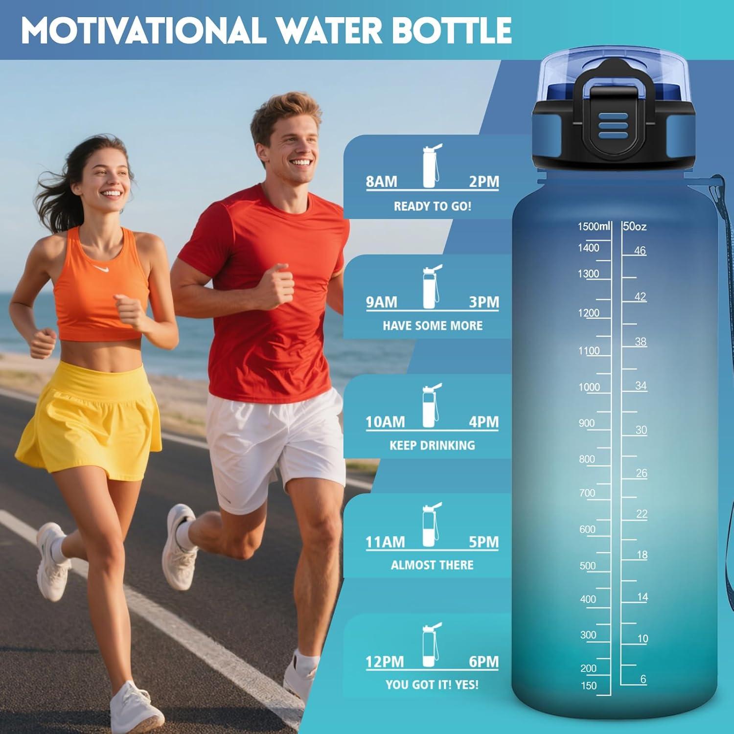 image:imageHoneyHolly Gourde 1L Gourde avec Paille Bouteille Adapte aux Boissons Gazeuses Water Bottle Paille Adulte avec Marquage du Temps tanche et sans BPA Bouteille deau pour Sport BureauBleu Vert 1500ml