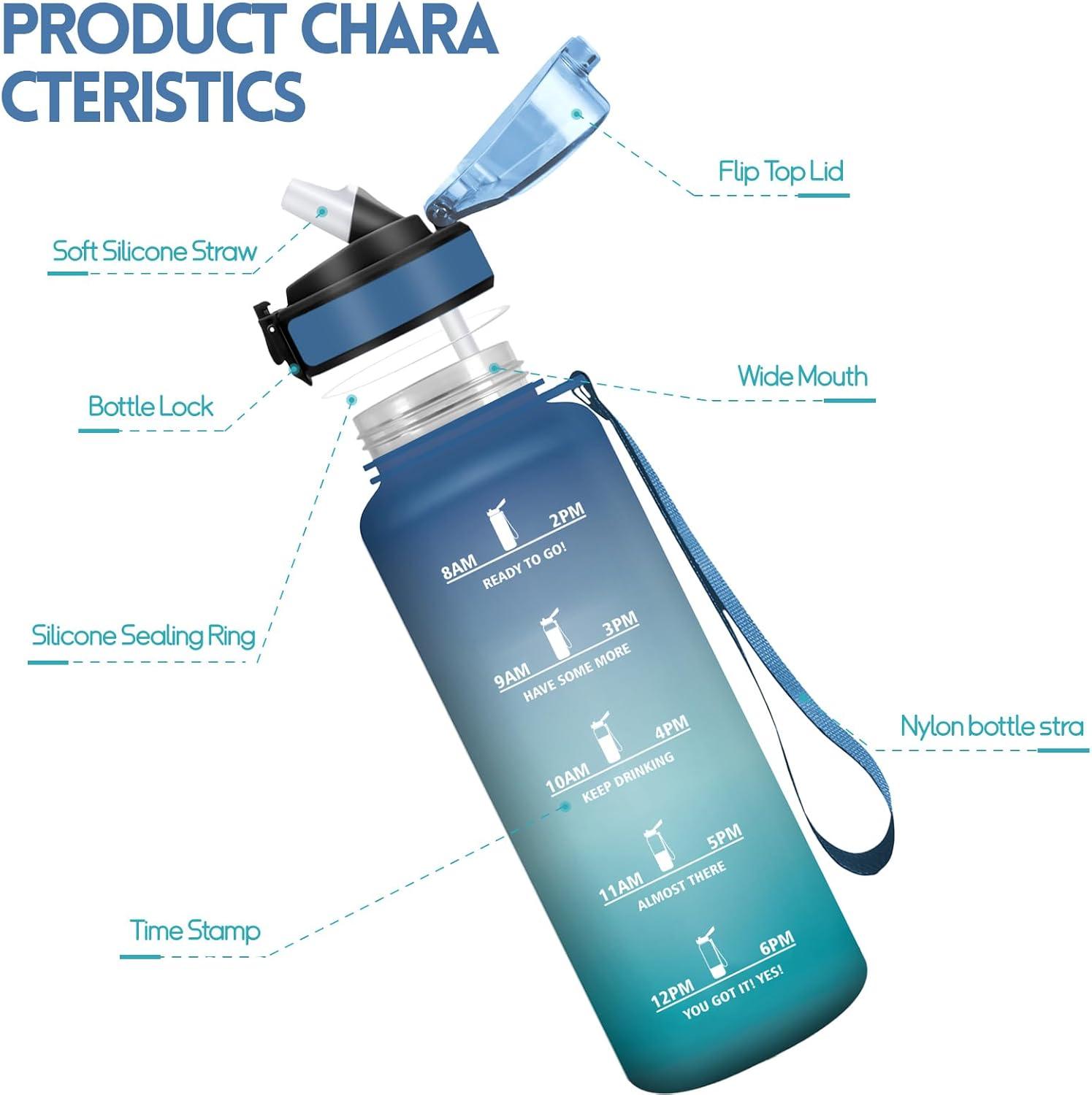 image:imageHoneyHolly Gourde 1L Gourde avec Paille Bouteille Adapte aux Boissons Gazeuses Water Bottle Paille Adulte avec Marquage du Temps tanche et sans BPA Bouteille deau pour Sport BureauBleu Vert 1500ml