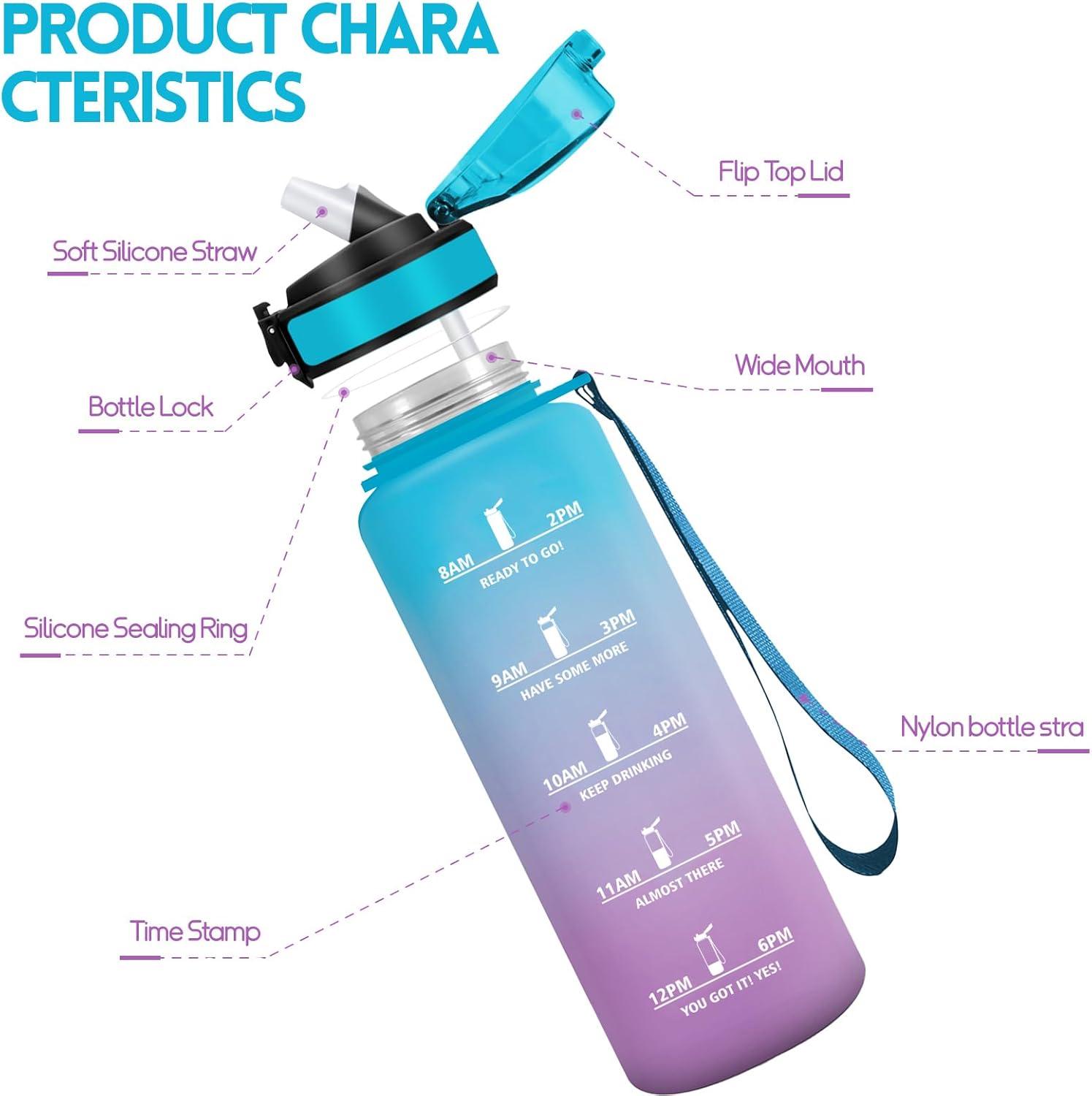 image:imageHoneyHolly Gourde 1L Gourde avec Paille Bouteille Adapte aux Boissons Gazeuses Water Bottle Paille Adulte avec Marquage du Temps tanche et sans BPA Bouteille deau pour Sport BureauBleu Violet 1500ml