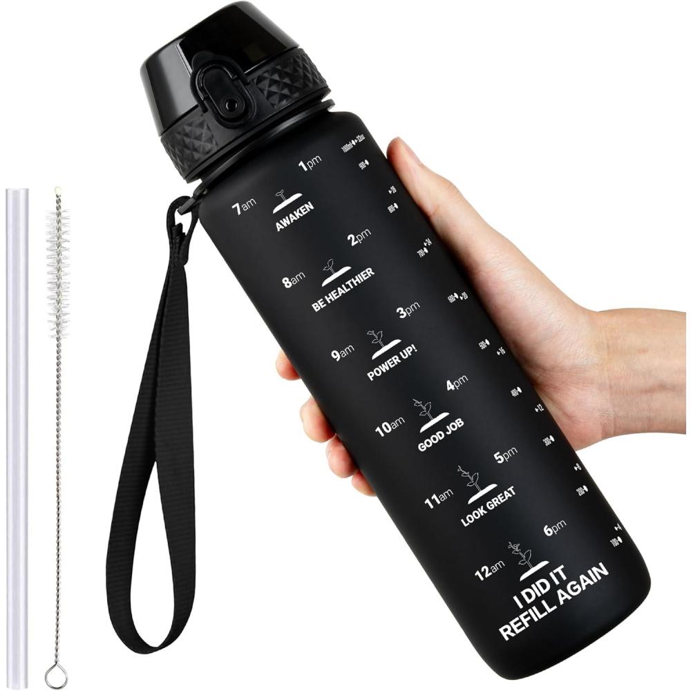 image:imageGOPPUS 1L32oz Bouteille deau avec paille Motivational tanche Boissons Bouteille avec marquages de lheure Tritan Bouteille de Sport pour lcole de Gym Grande bouteille deau pour Adulte Sans BPANoir