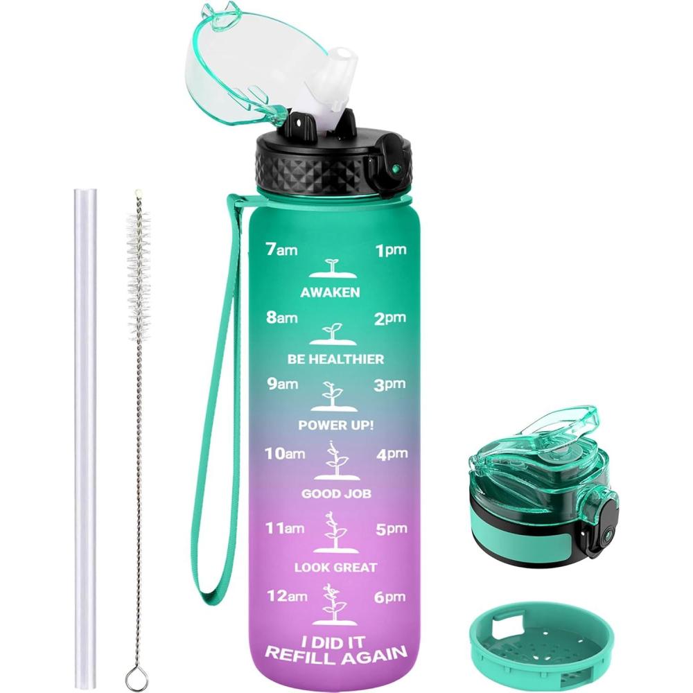 image:imageGOPPUS 1L32oz Bouteille deau avec paille Motivational tanche Boissons Bouteille avec marquages de lheure Tritan Bouteille de Sport pour lcole de Gym Grande bouteille deau pour Adulte Sans BPAVert Violet