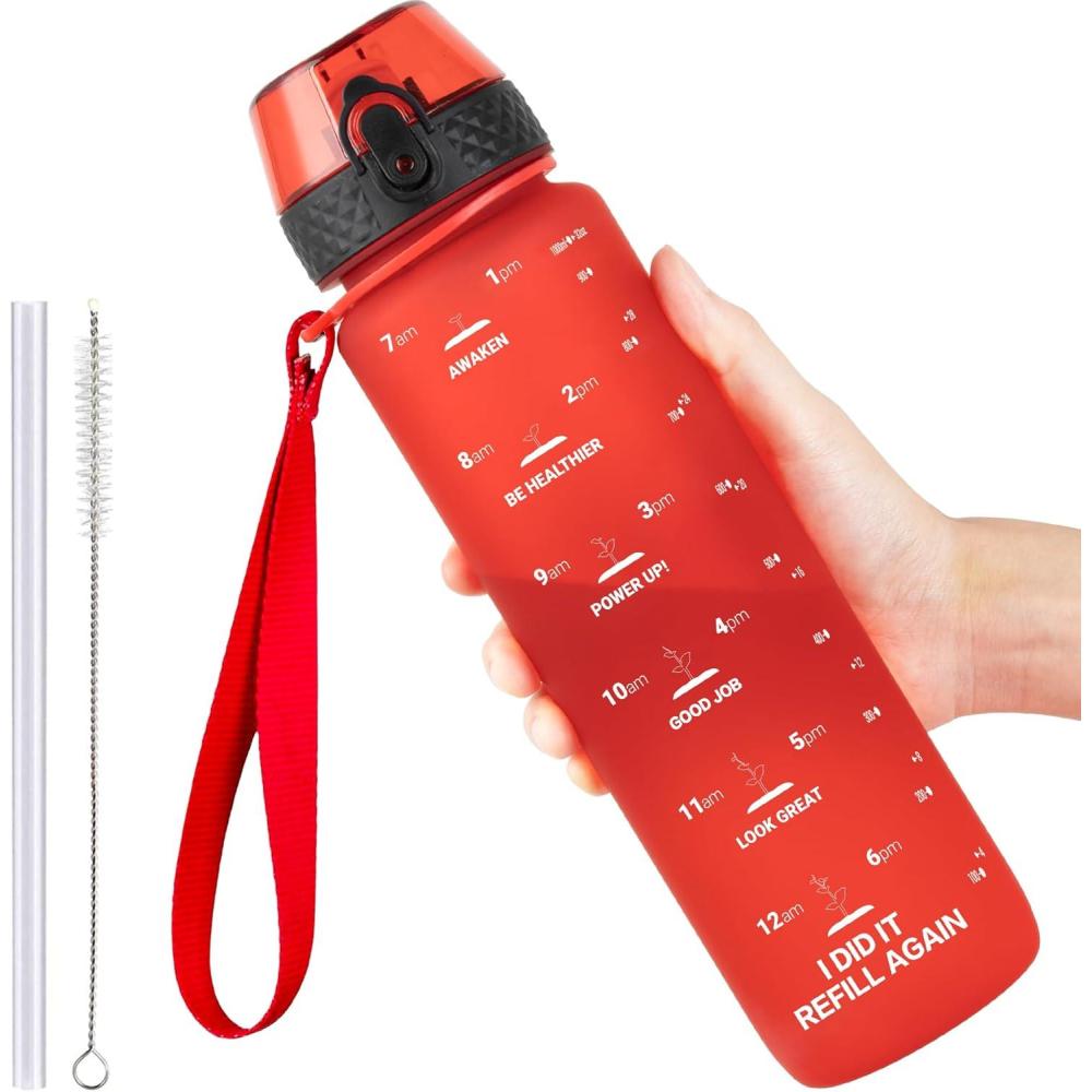 image:imageGOPPUS 1L32oz Bouteille deau avec paille Motivational tanche Boissons Bouteille avec marquages de lheure Tritan Bouteille de Sport pour lcole de Gym Grande bouteille deau pour Adulte Sans BPARouge