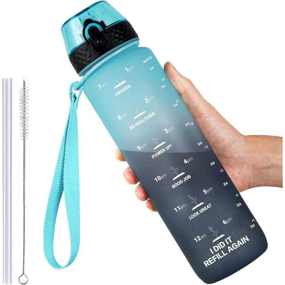 image:imageGOPPUS 1L32oz Bouteille deau avec paille Motivational tanche Boissons Bouteille avec marquages de lheure Tritan Bouteille de Sport pour lcole de Gym Grande bouteille deau pour Adulte Sans BPAVert Bleu