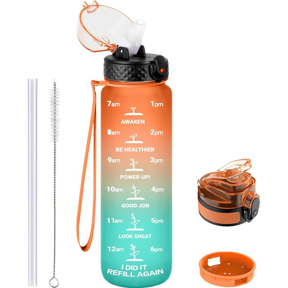 image:imageGOPPUS 1L32oz Bouteille deau avec paille Motivational tanche Boissons Bouteille avec marquages de lheure Tritan Bouteille de Sport pour lcole de Gym Grande bouteille deau pour Adulte Sans BPAVert Orang