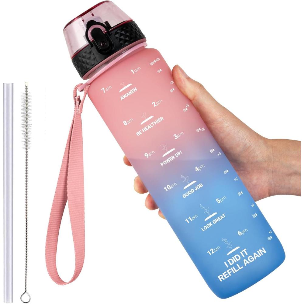 image:imageGOPPUS 1L32oz Bouteille deau avec paille Motivational tanche Boissons Bouteille avec marquages de lheure Tritan Bouteille de Sport pour lcole de Gym Grande bouteille deau pour Adulte Sans BPARose Bleu