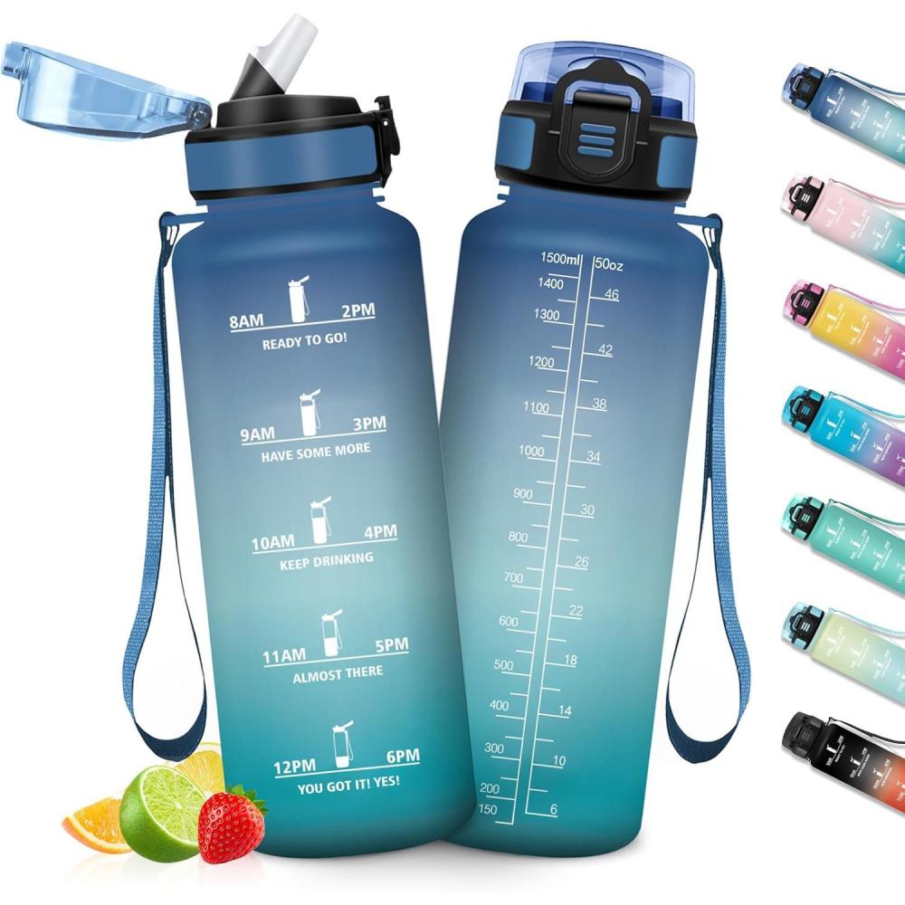 image:imageHoneyHolly Gourde 1L Gourde avec Paille Bouteille Adapte aux Boissons Gazeuses Water Bottle Paille Adulte avec Marquage du Temps tanche et sans BPA Bouteille deau pour Sport BureauBleu Vert 1500ml