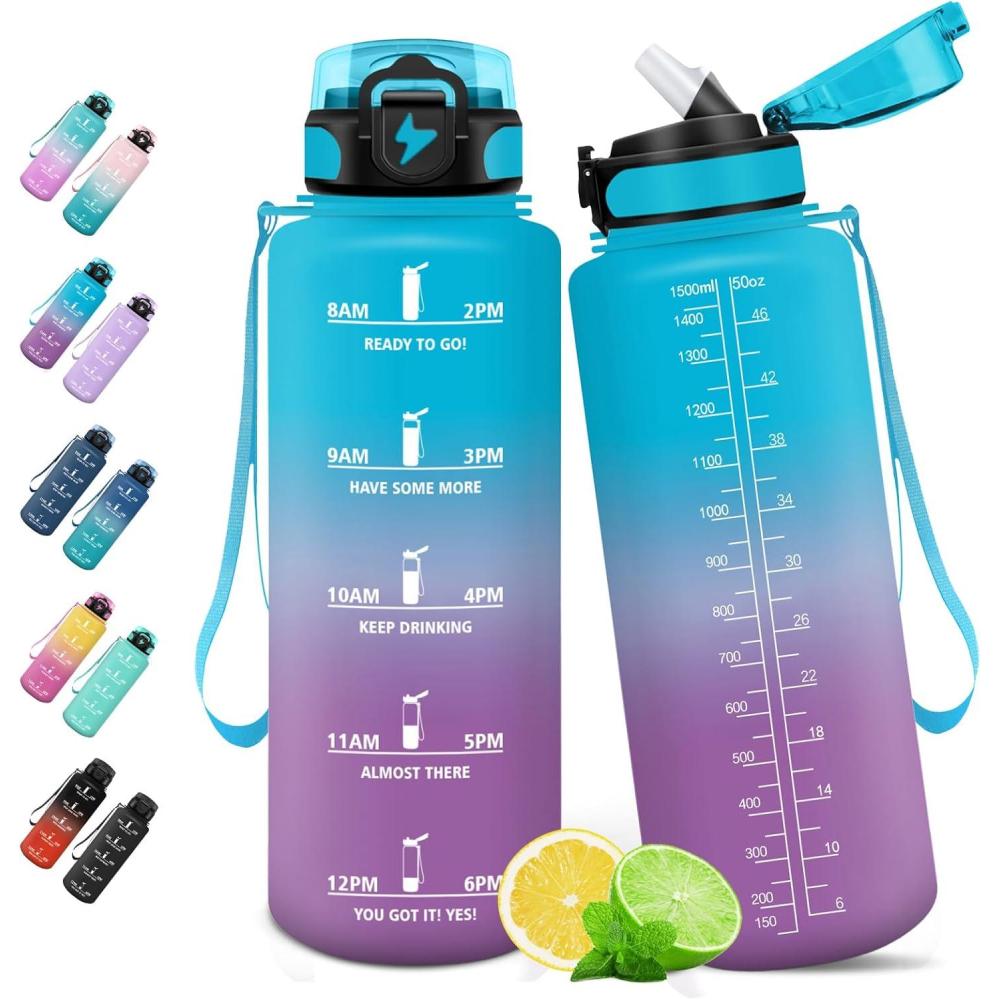 image:imageHoneyHolly Gourde 1L Gourde avec Paille Bouteille Adapte aux Boissons Gazeuses Water Bottle Paille Adulte avec Marquage du Temps tanche et sans BPA Bouteille deau pour Sport BureauBlue Purple Label 1500ml