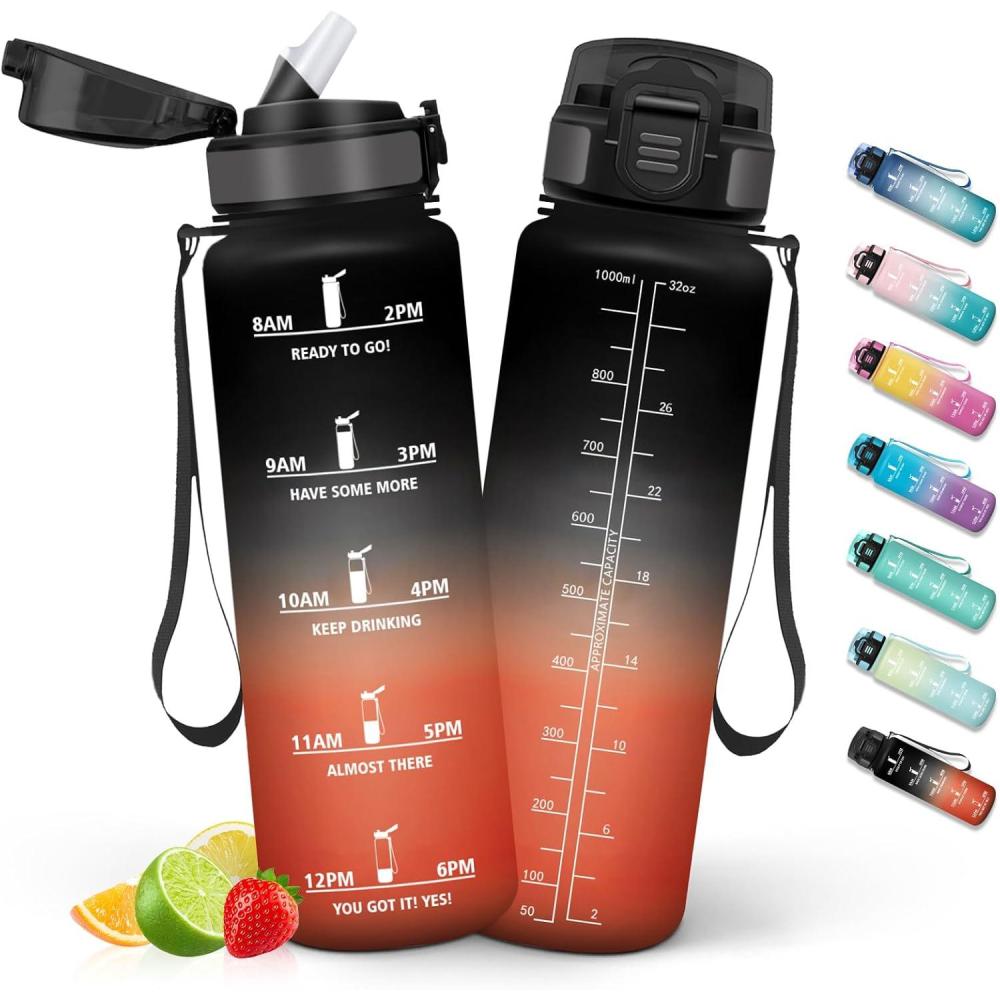 image:imageHoneyHolly Gourde 1L Gourde avec Paille Bouteille Adapte aux Boissons Gazeuses Water Bottle Paille Adulte avec Marquage du Temps tanche et sans BPA Bouteille deau pour Sport BureauNoir Rouge  1000ml