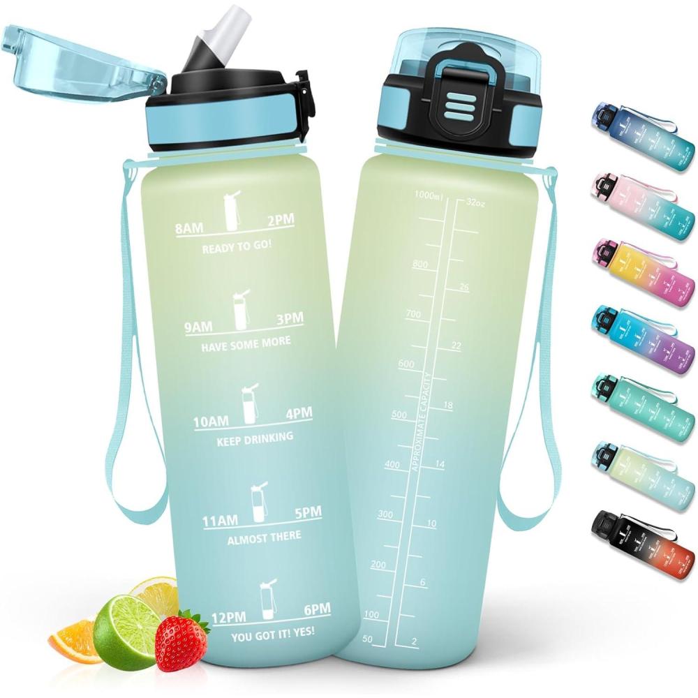image:imageHoneyHolly Gourde 1L Gourde avec Paille Bouteille Adapte aux Boissons Gazeuses Water Bottle Paille Adulte avec Marquage du Temps tanche et sans BPA Bouteille deau pour Sport BureauCiel Givr  1000ml
