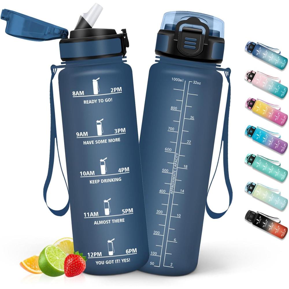 image:imageHoneyHolly Gourde 1L Gourde avec Paille Bouteille Adapte aux Boissons Gazeuses Water Bottle Paille Adulte avec Marquage du Temps tanche et sans BPA Bouteille deau pour Sport BureauBleu Marine 1000ml