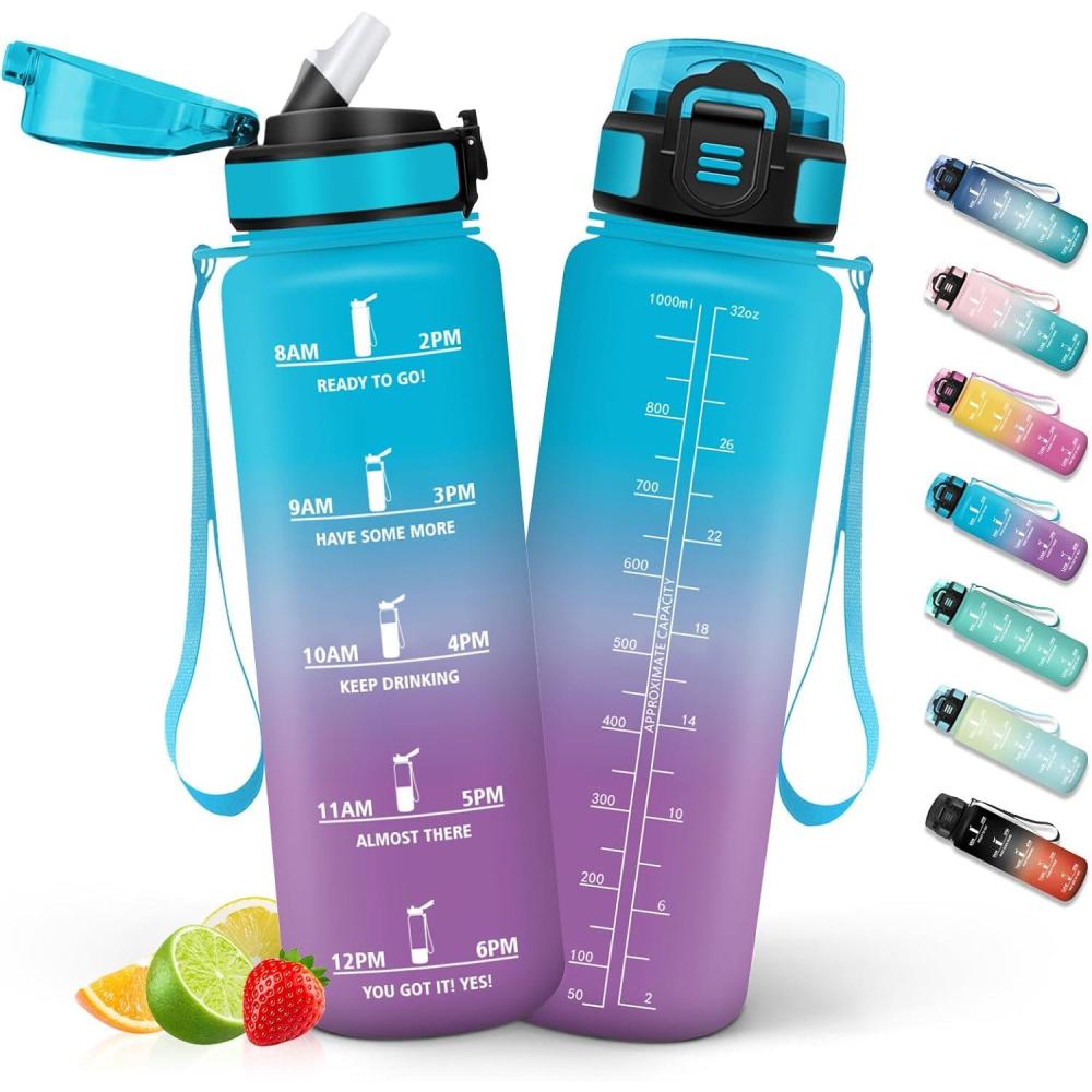 image:imageHoneyHolly Gourde 1L Gourde avec Paille Bouteille Adapte aux Boissons Gazeuses Water Bottle Paille Adulte avec Marquage du Temps tanche et sans BPA Bouteille deau pour Sport BureauBleu Violet 1000ml