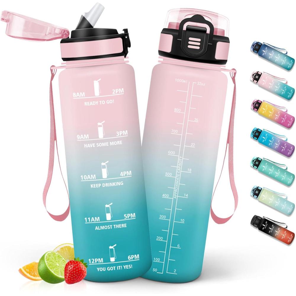 image:imageHoneyHolly Gourde 1L Gourde avec Paille Bouteille Adapte aux Boissons Gazeuses Water Bottle Paille Adulte avec Marquage du Temps tanche et sans BPA Bouteille deau pour Sport BureauRose Cyan 1000ml