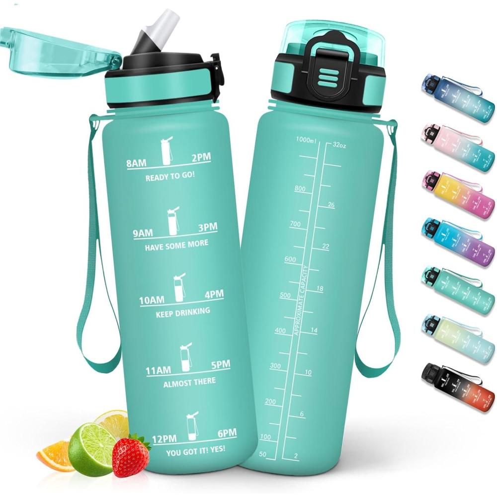 image:imageHoneyHolly Gourde 1L Gourde avec Paille Bouteille Adapte aux Boissons Gazeuses Water Bottle Paille Adulte avec Marquage du Temps tanche et sans BPA Bouteille deau pour Sport BureauBleu  Vert  1000ml
