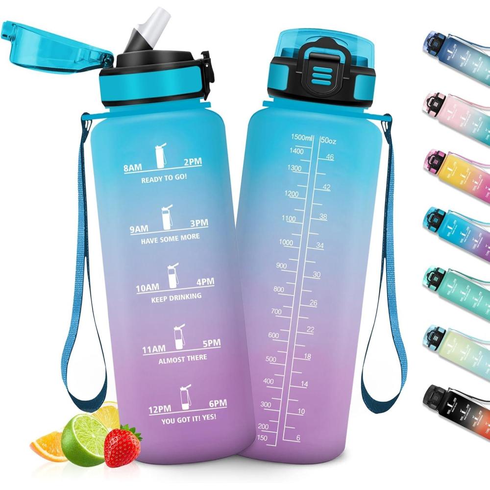 image:imageHoneyHolly Gourde 1L Gourde avec Paille Bouteille Adapte aux Boissons Gazeuses Water Bottle Paille Adulte avec Marquage du Temps tanche et sans BPA Bouteille deau pour Sport BureauBleu Violet 1500ml
