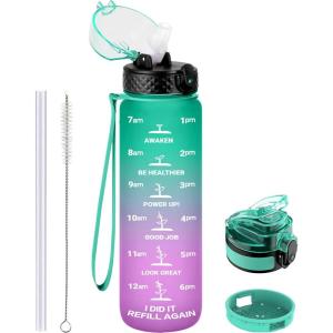 GOPPUS 1L/32oz Bouteille d&rsquo;eau avec paille Motivational Étanche Boissons Bouteille avec marquages de l&rsquo;heure Tritan Bouteille de Sport pour l&rsquo;école de Gym Grande bouteille d&rsquo;eau pour Adulte Sans BPA(Vert Violet)
