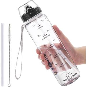 GOPPUS 1L/32oz Bouteille d&rsquo;eau avec paille Motivational Étanche Boissons Bouteille avec marquages de l&rsquo;heure Tritan Bouteille de Sport pour l&rsquo;école de Gym Grande bouteille d&rsquo;eau pour Adulte Sans BPA(Transparent)