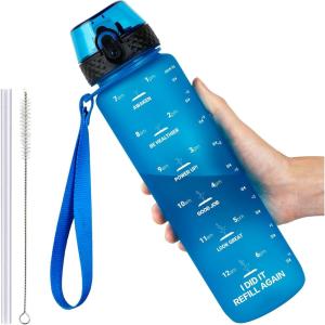 GOPPUS 1L/32oz Bouteille d&rsquo;eau avec paille Motivational Étanche Boissons Bouteille avec marquages de l&rsquo;heure Tritan Bouteille de Sport pour l&rsquo;école de Gym Grande bouteille d&rsquo;eau pour Adulte Sans BPA(Bleu)